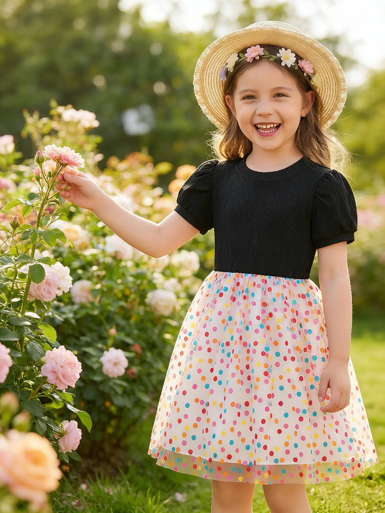 Detail 4 of Girls Black Puff Sleeve Rainbow Dot Tulle Dress by LUNORIANA