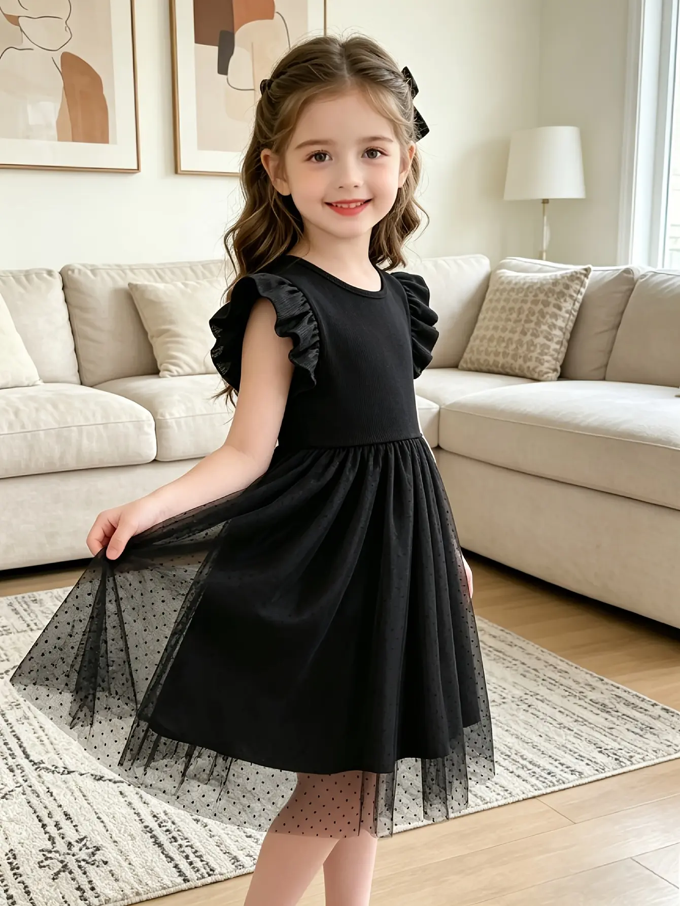 Detail 2 of Girls Black Ribbed Flutter Sleeve Tulle Dress by LUNORIANA