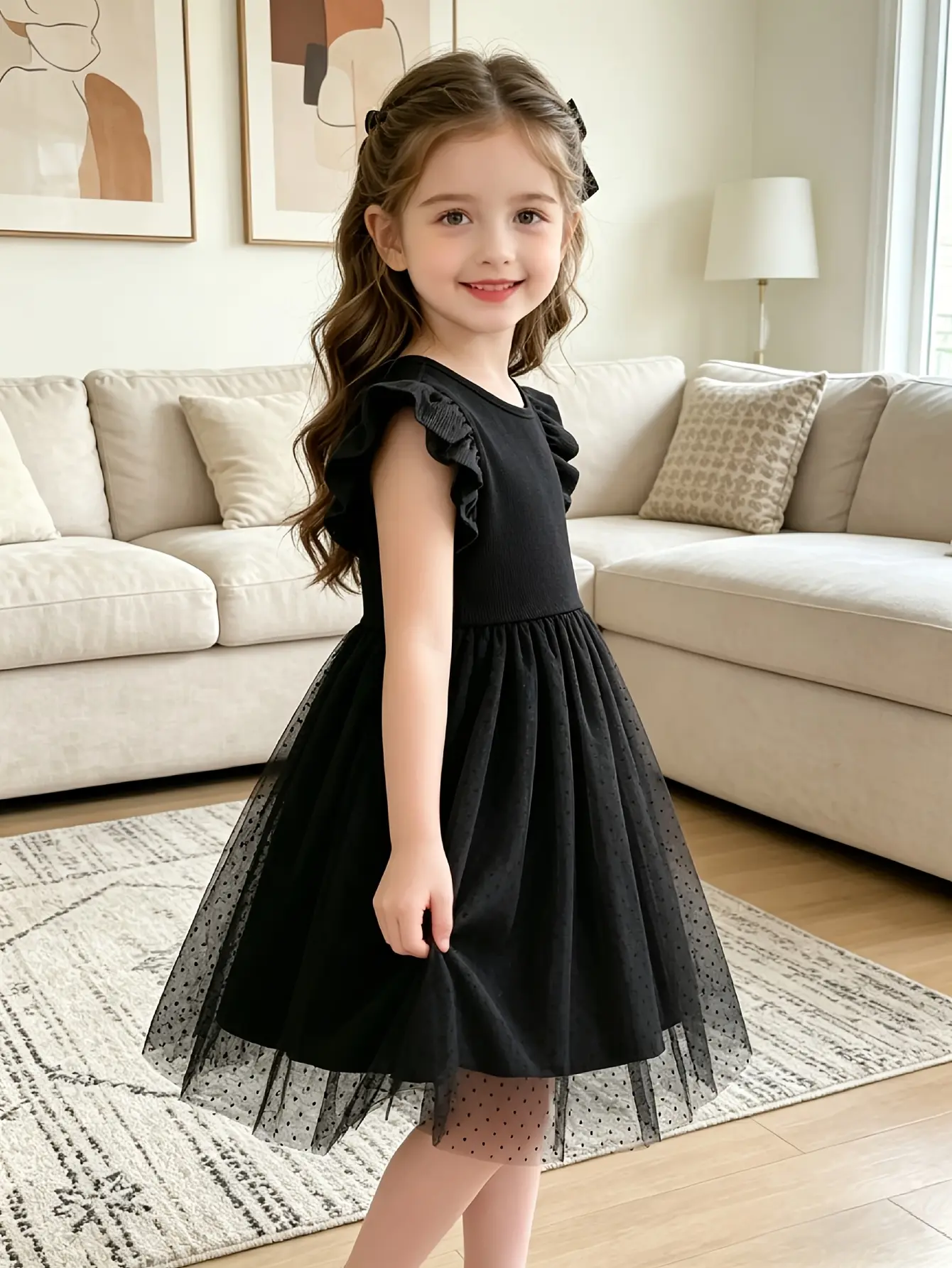 Detail 3 of Girls Black Ribbed Flutter Sleeve Tulle Dress by LUNORIANA