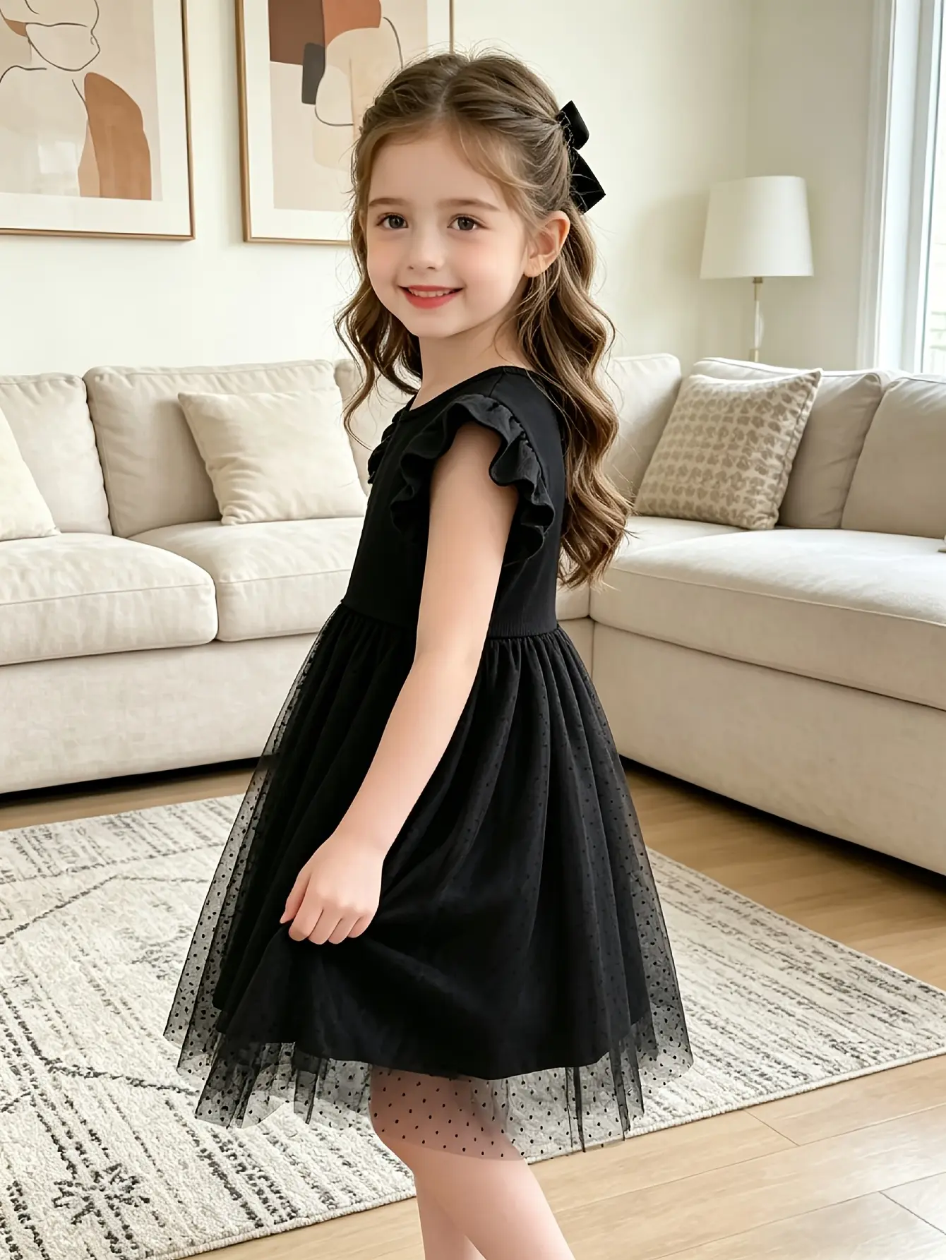 Detail 4 of Girls Black Ribbed Flutter Sleeve Tulle Dress by LUNORIANA