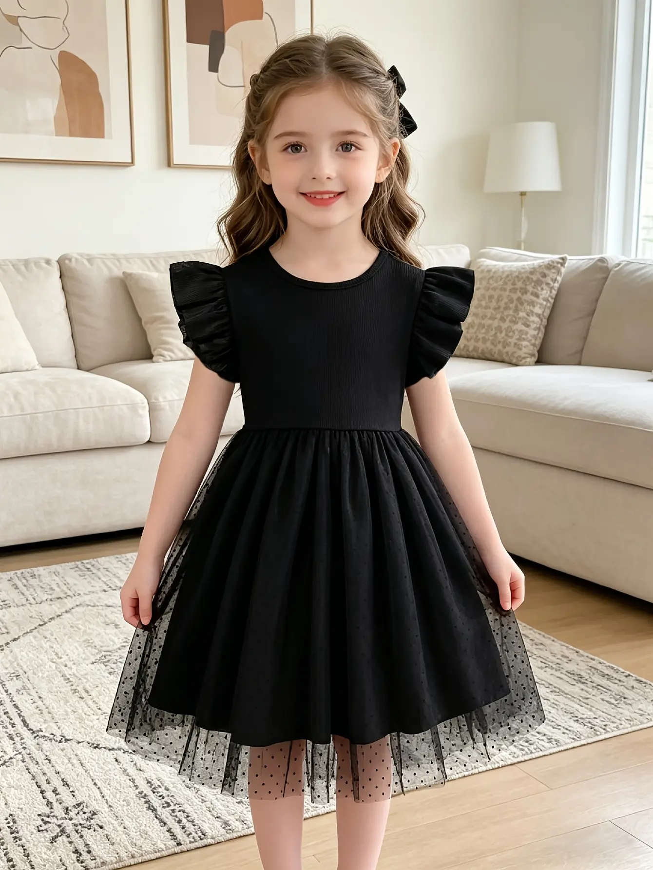 Girls Black Ribbed Flutter Sleeve Tulle Dress by LUNORIANA