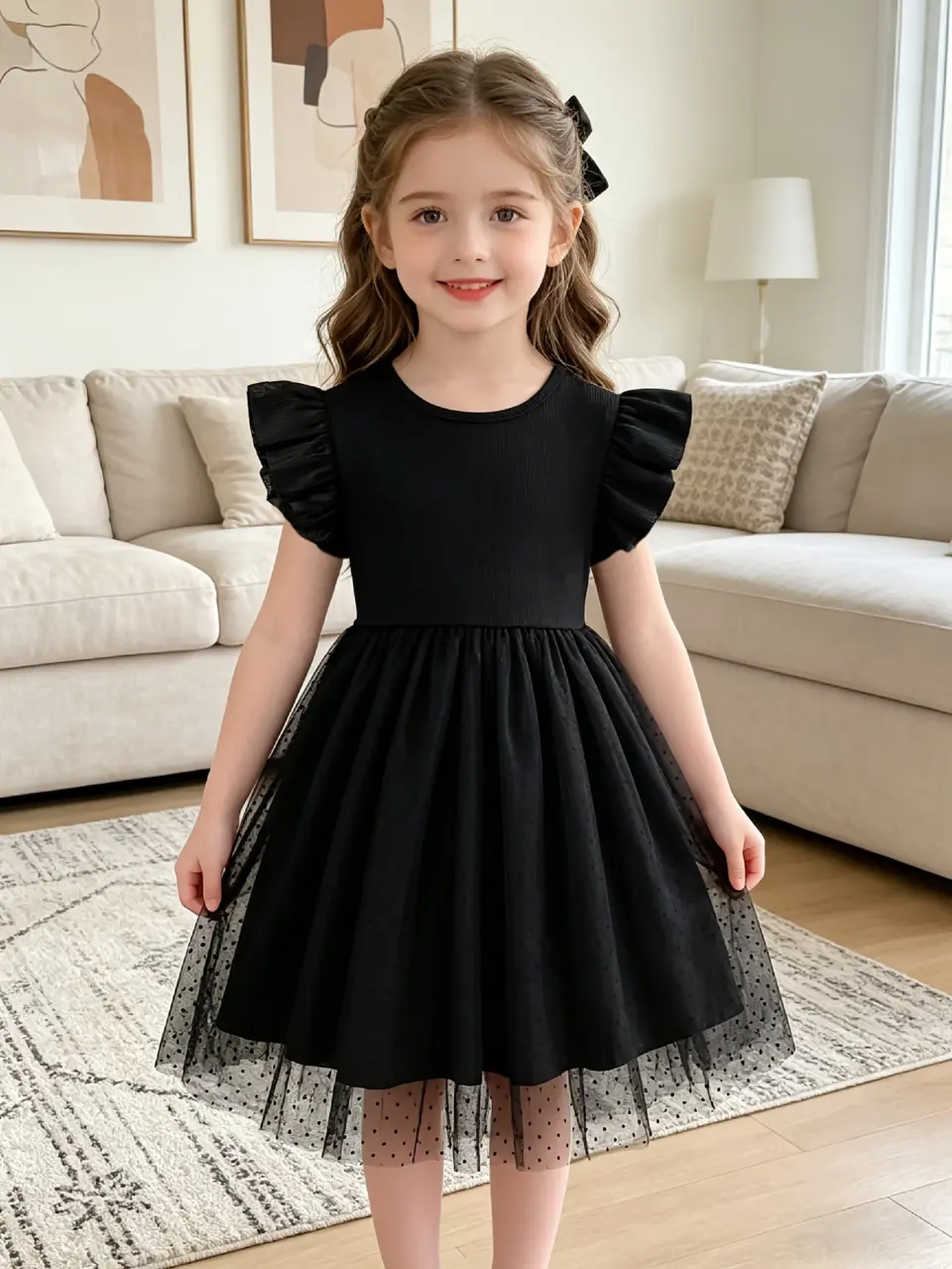 Girls Black Ribbed Flutter Sleeve Tulle Dress by LUNORIANA