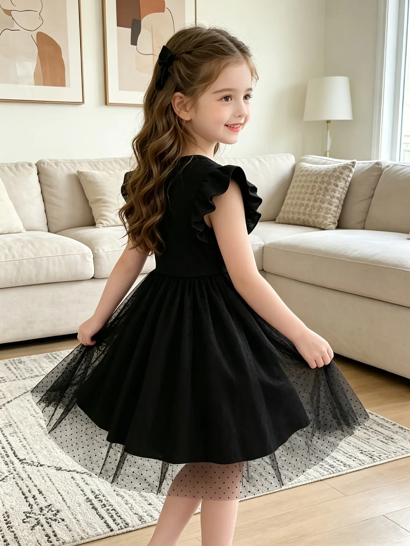 Detail 1 of Girls Black Ribbed Flutter Sleeve Tulle Dress by LUNORIANA
