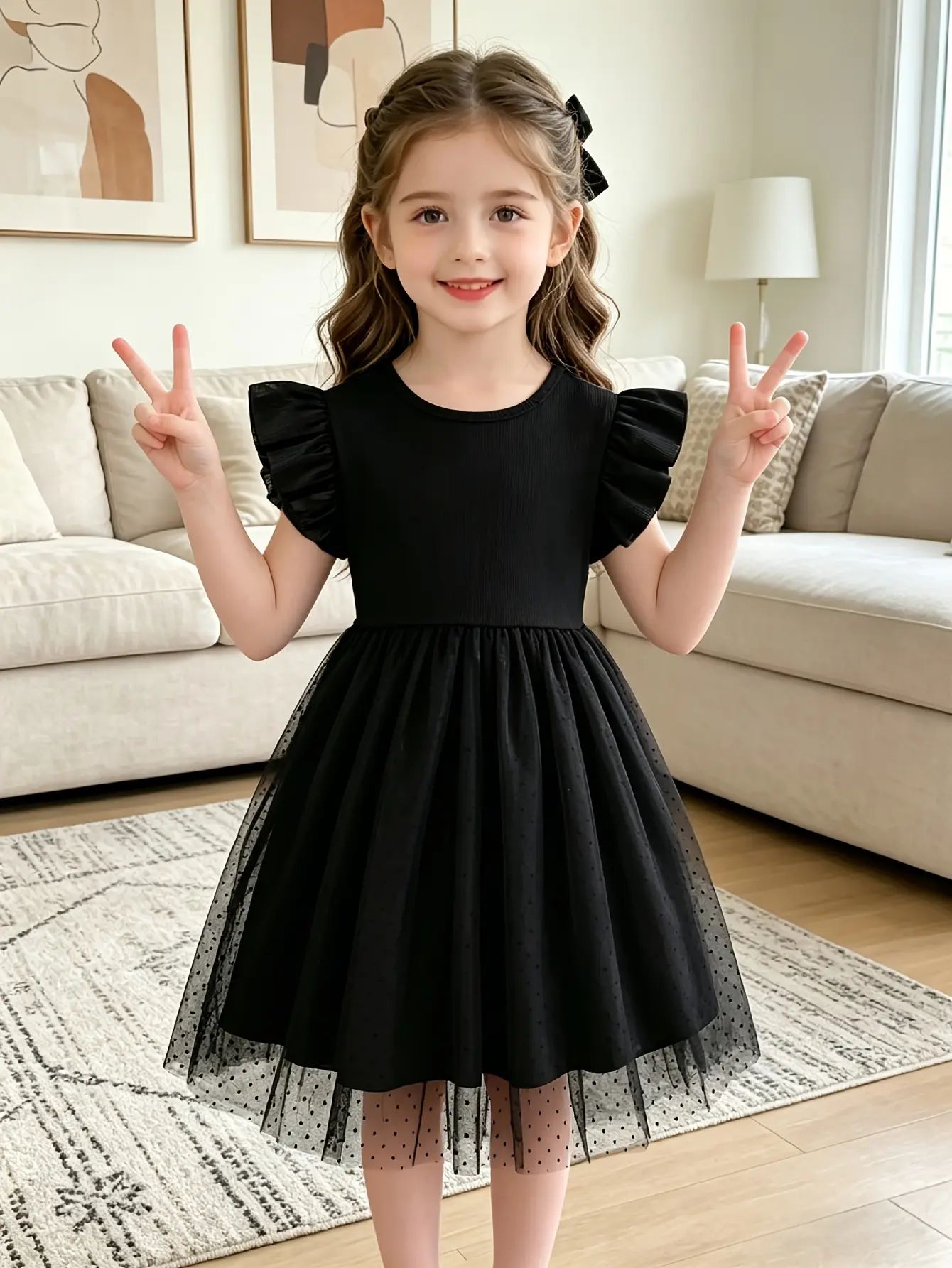 Detail 5 of Girls Black Ribbed Flutter Sleeve Tulle Dress by LUNORIANA