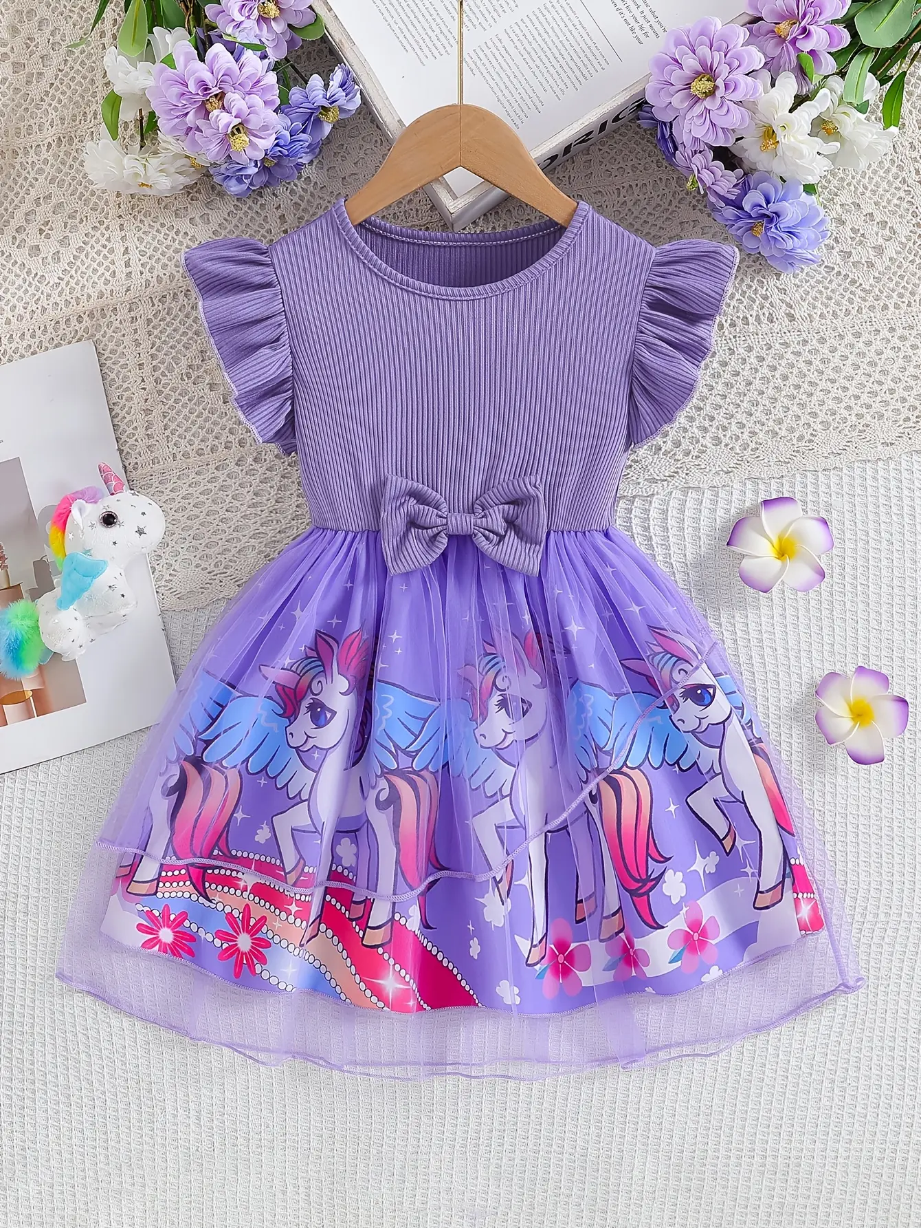 Girls Unicorn Ribbed Tulle Dress for Holiday Outfits by LUNORIANA