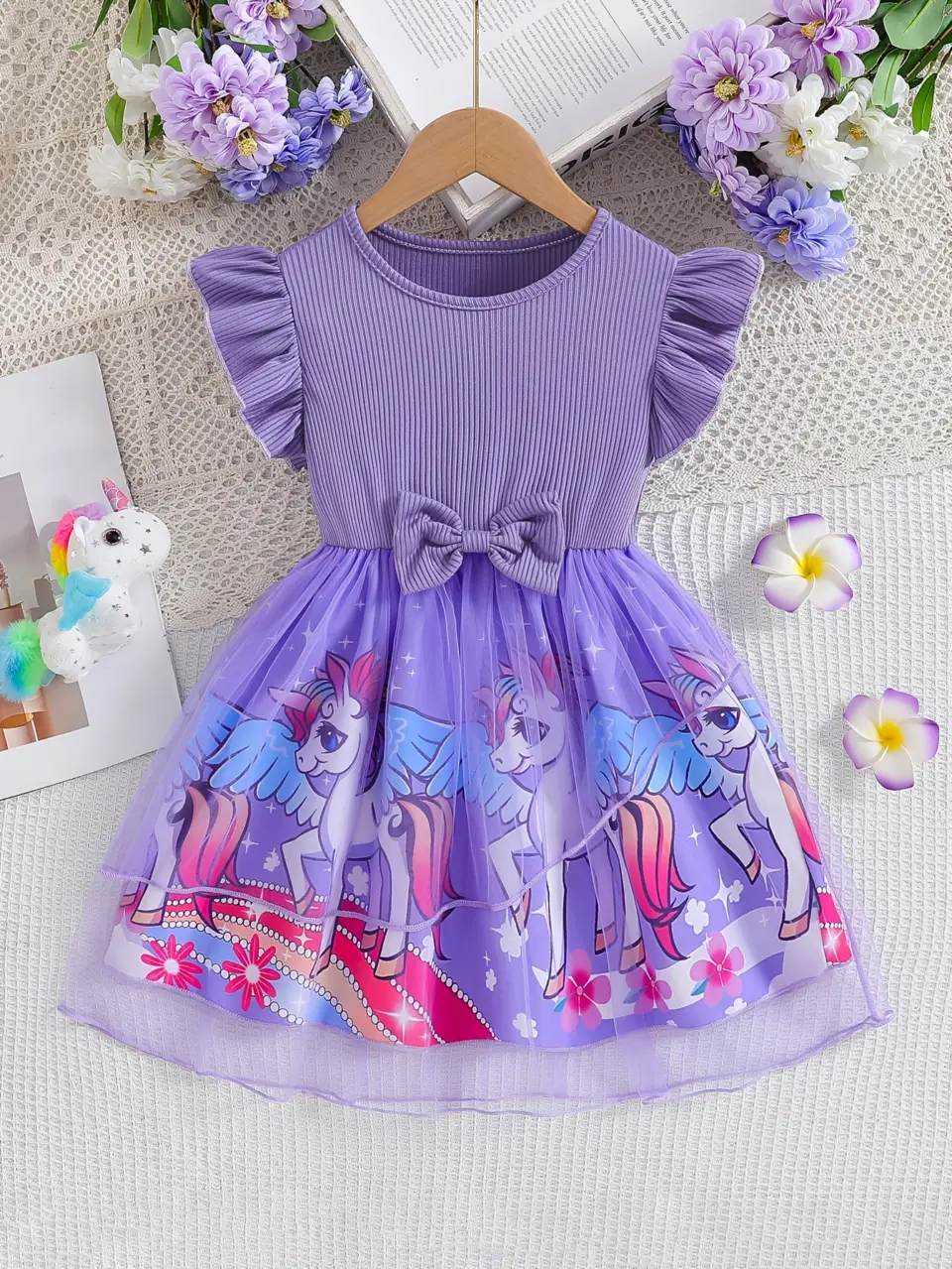 Girls Unicorn Ribbed Tulle Dress for Holiday Outfits by LUNORIANA