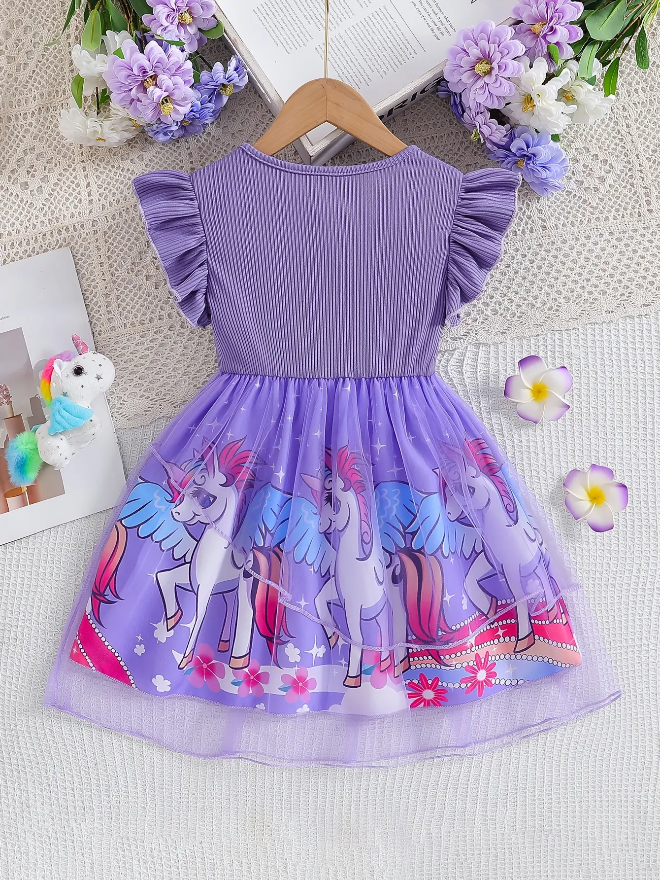 Detail 1 of Girls Unicorn Ribbed Tulle Dress for Holiday Outfits by LUNORIANA