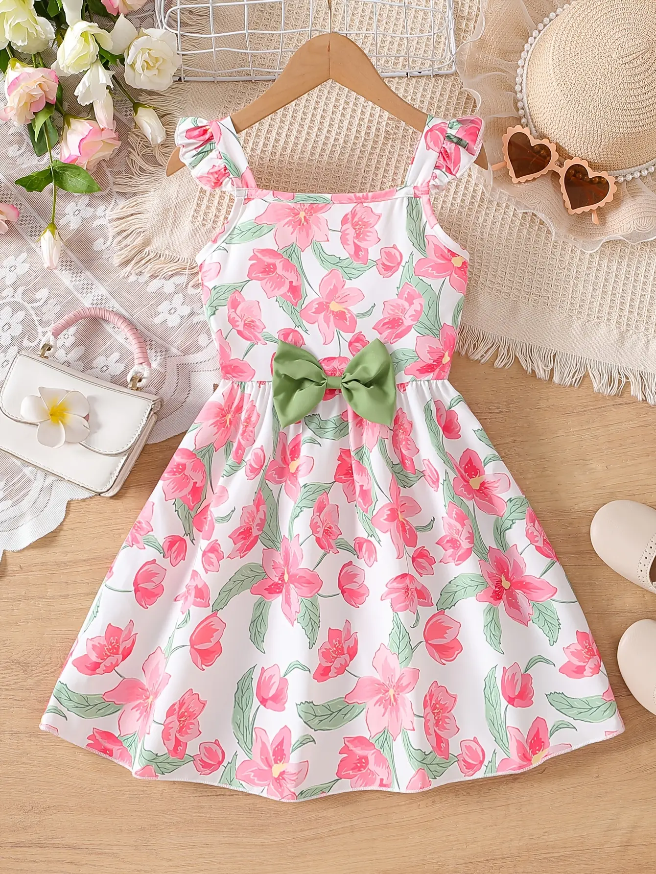 Girls Floral Sleeveless Bow Strap Summer Dress by LUNORIANA