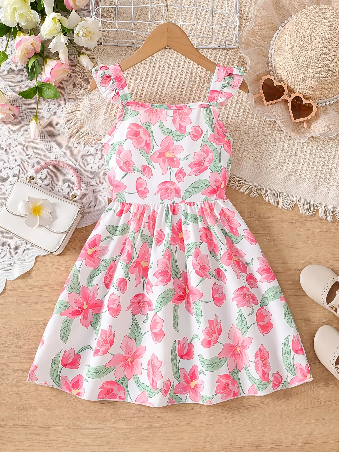 Detail 1 of Girls Floral Sleeveless Bow Strap Summer Dress by LUNORIANA