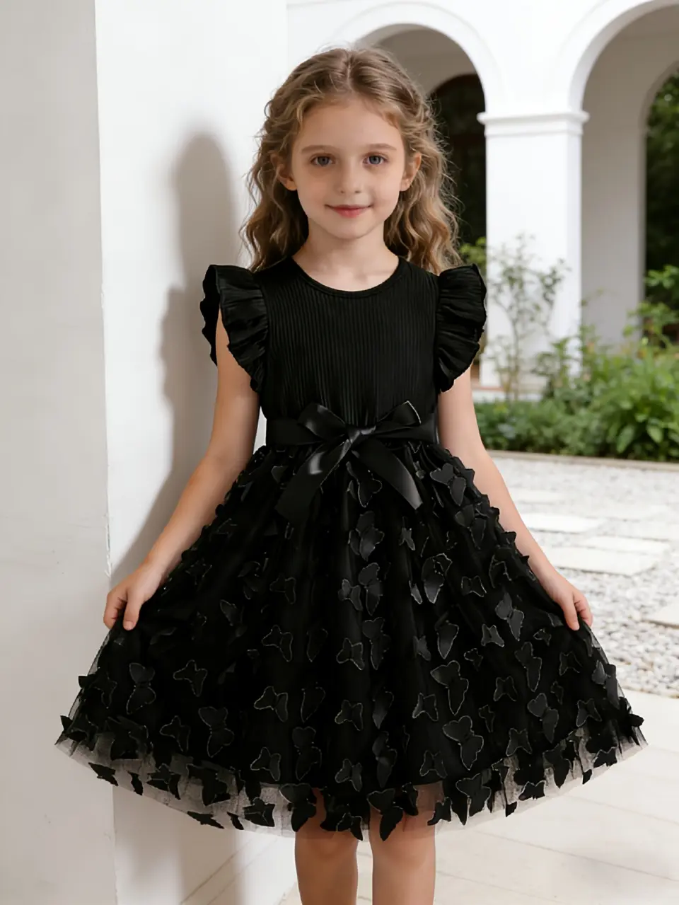 Detail view of Girls 3D Butterfly Ruffle Sleeve Party Dress by LUNORIANA