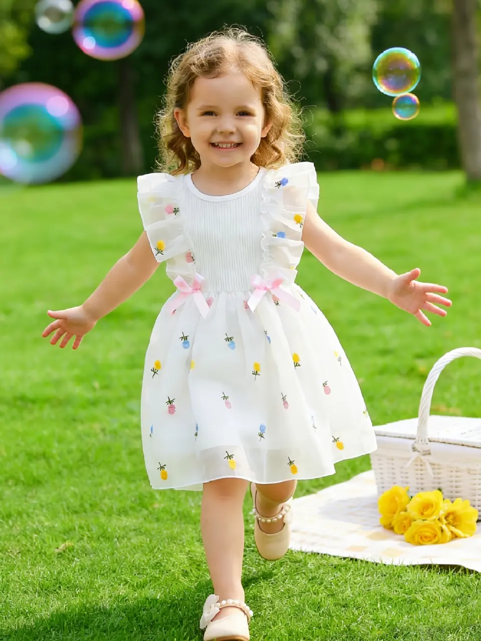 Girls White Bow Lace Flower Party Dress by LUNORIANA