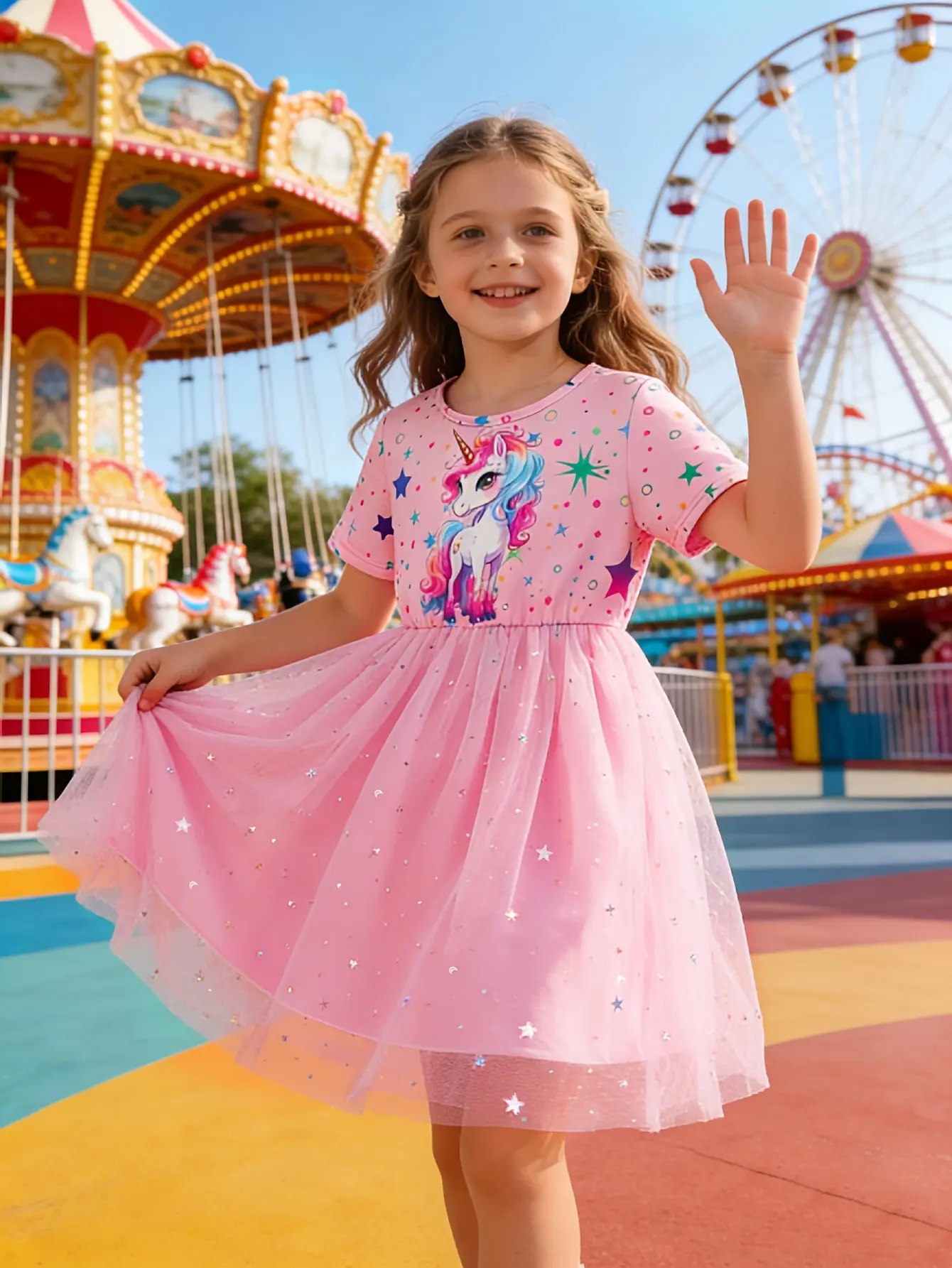 Detail 2 of Girls Pink Unicorn Star Moon Tulle Dress by LUNORIANA