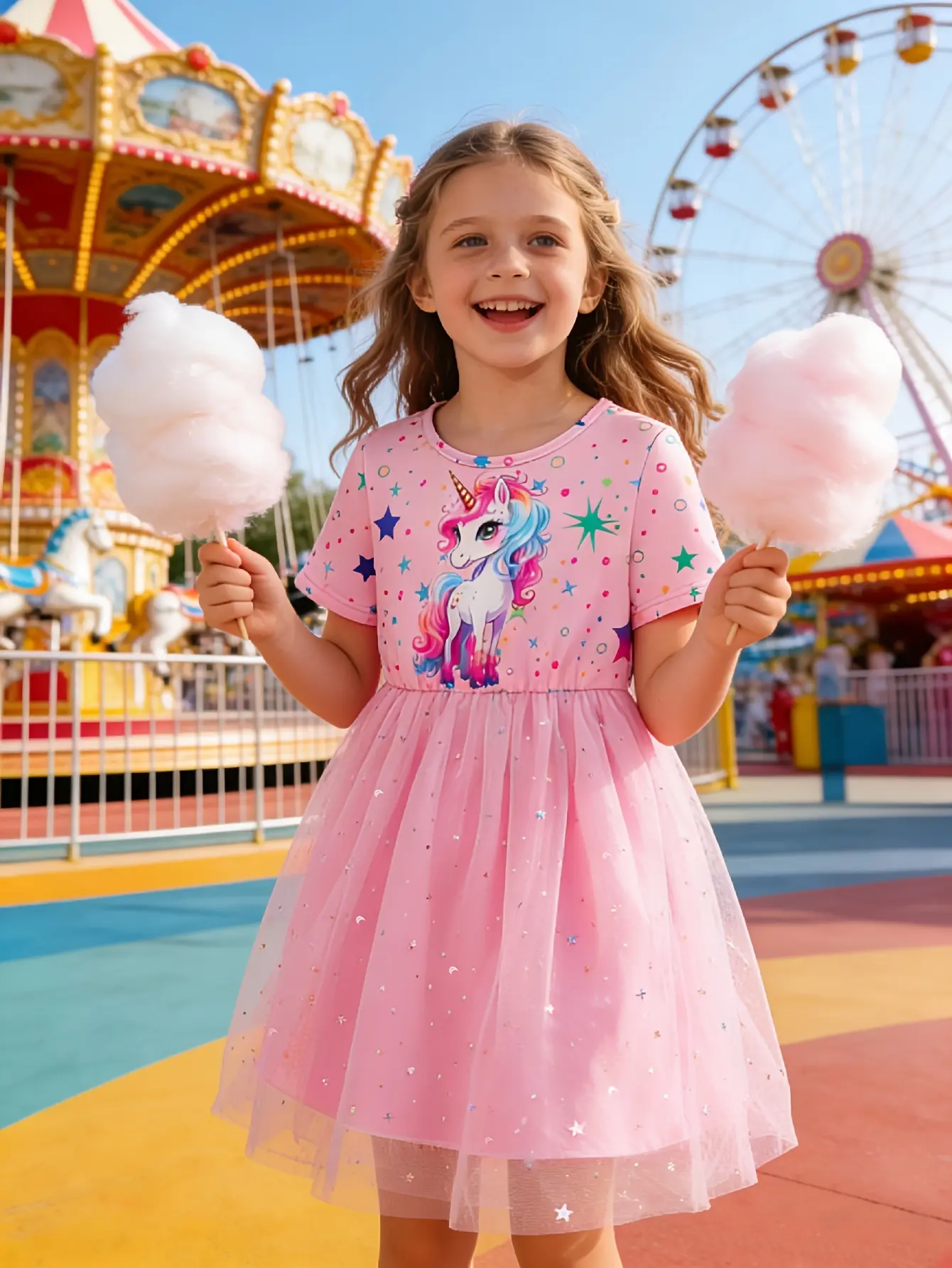 Detail 1 of Girls Pink Unicorn Star Moon Tulle Dress by LUNORIANA