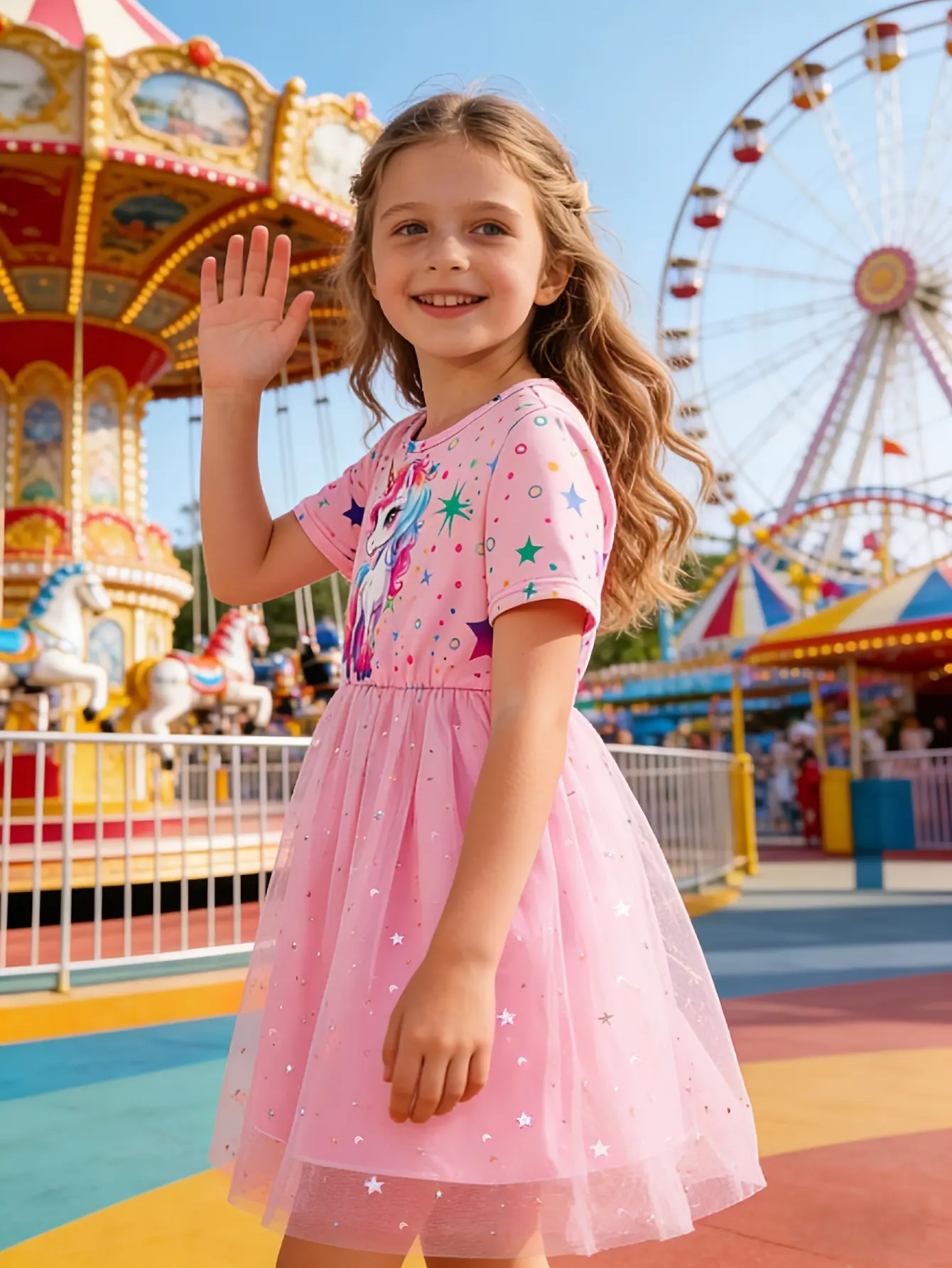 Detail 3 of Girls Pink Unicorn Star Moon Tulle Dress by LUNORIANA