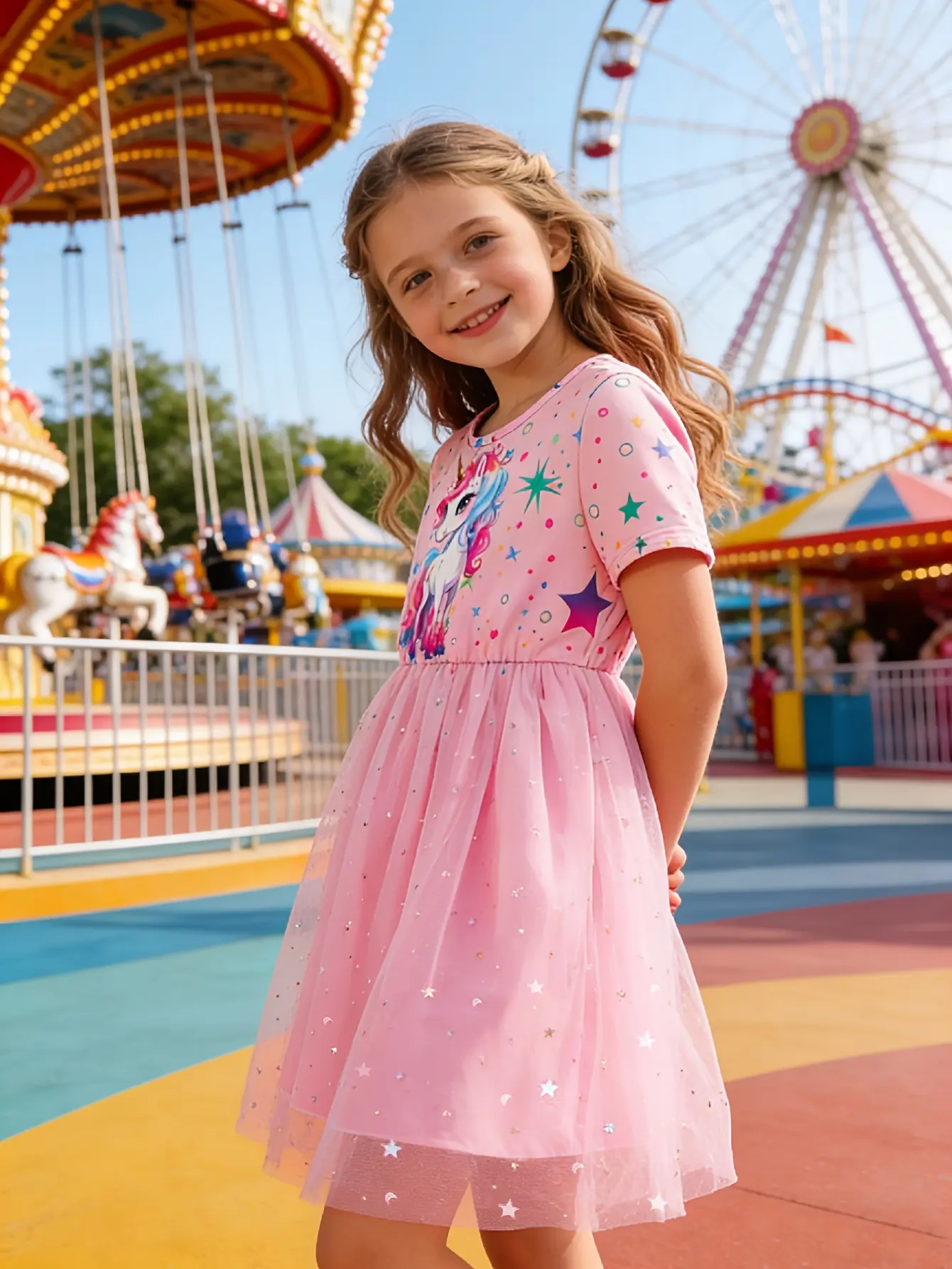 Detail 4 of Girls Pink Unicorn Star Moon Tulle Dress by LUNORIANA