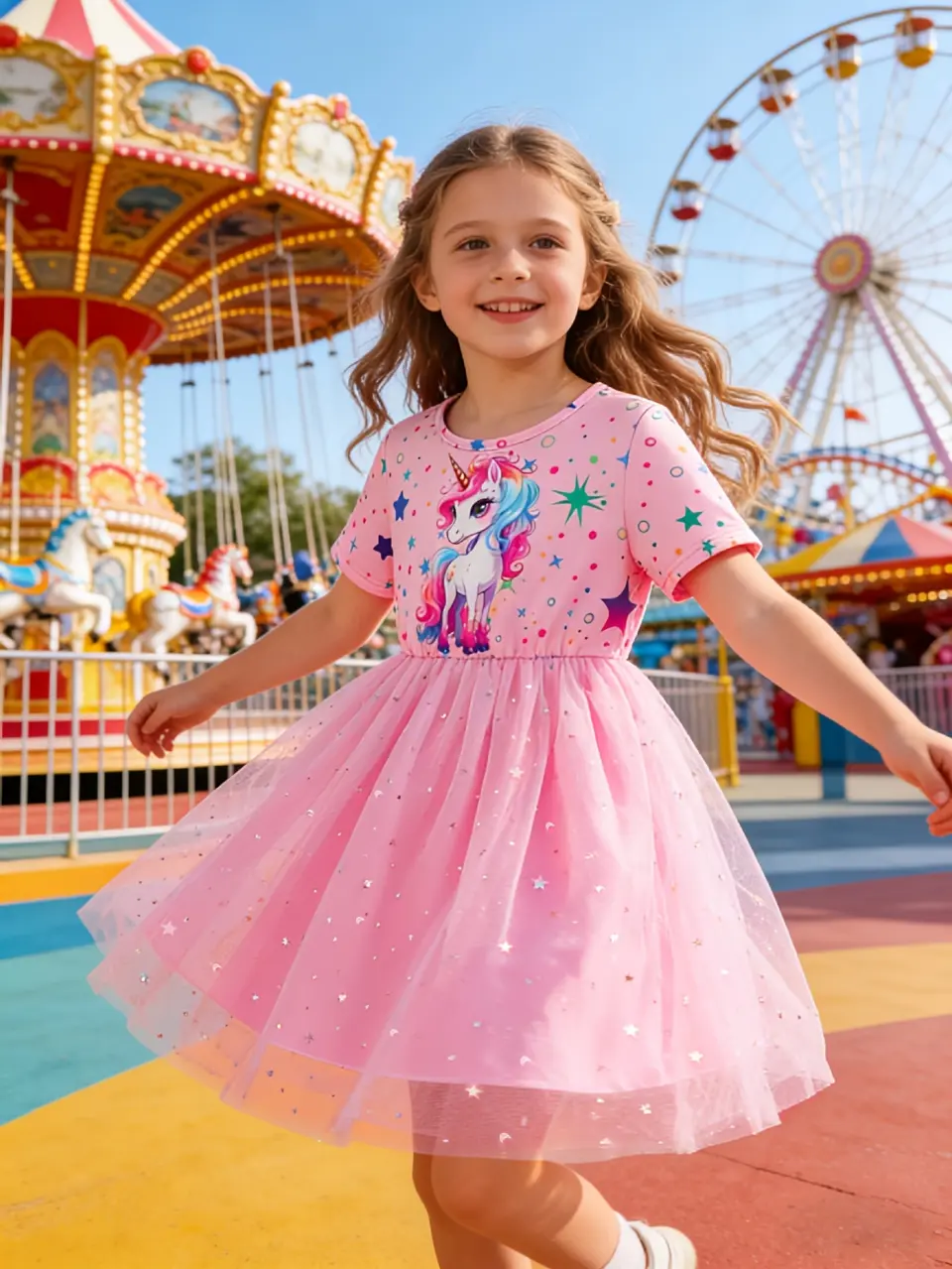 Girls Pink Unicorn Star Moon Tulle Dress by LUNORIANA