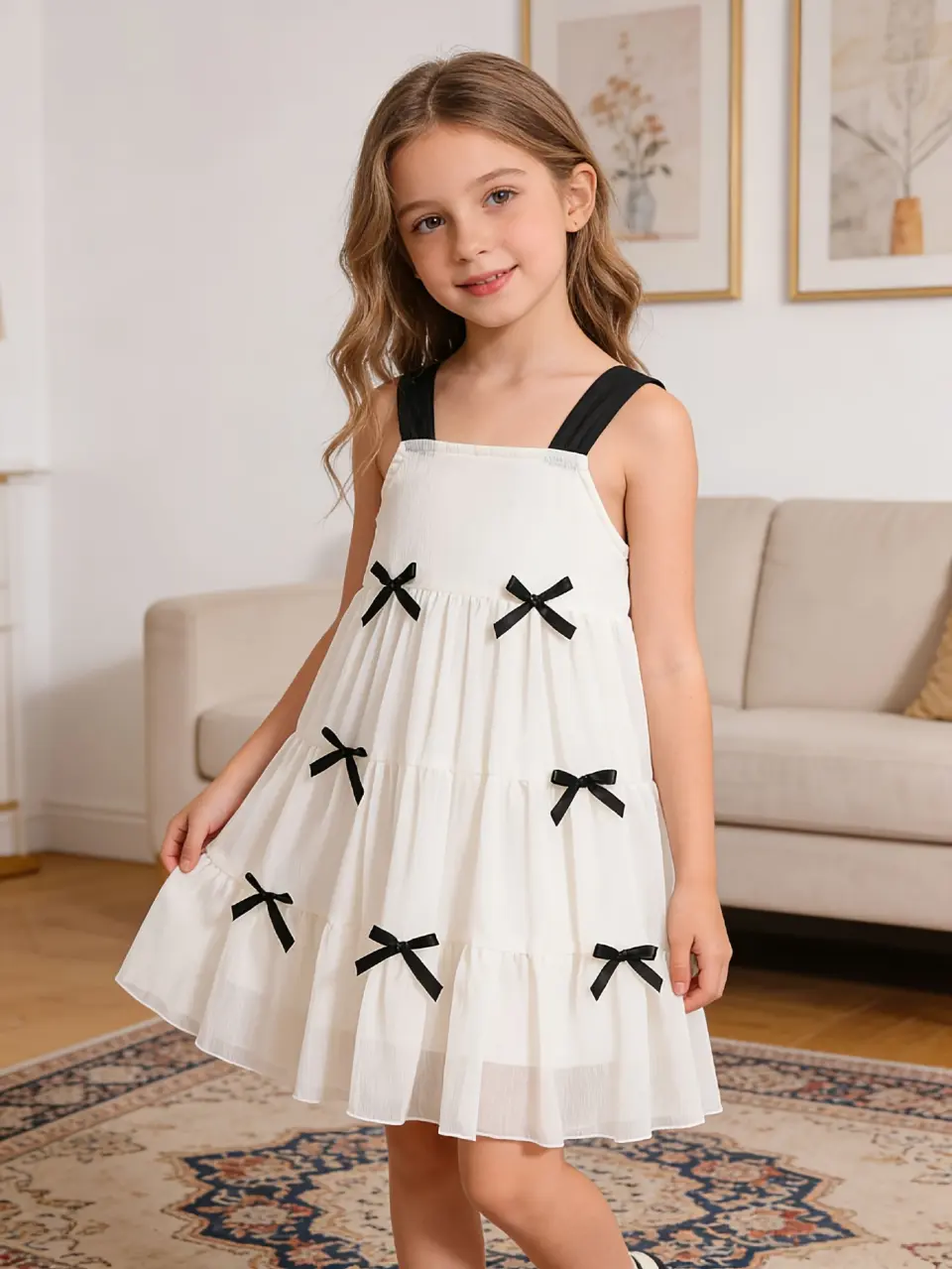 Girls Beige Sleeveless Dress with Black Bow Straps by LUNORIANA