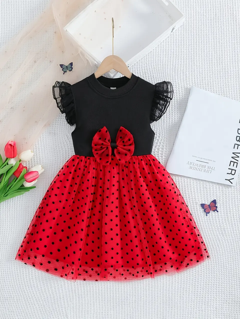 Girls Black Top Red Polka Dot Tulle Dress by LUNORIANA