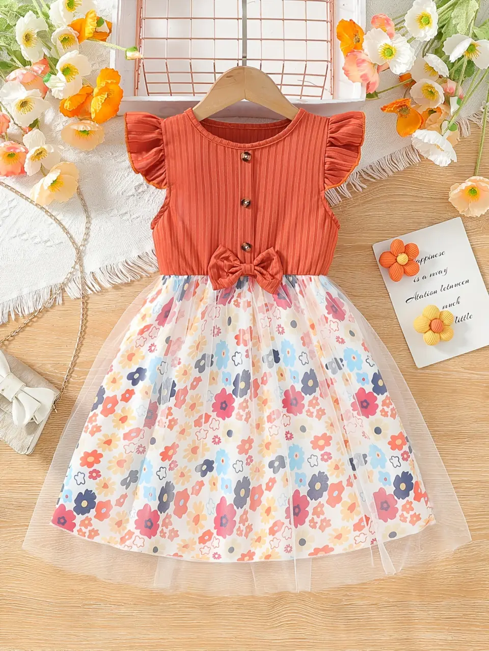 Girls Floral Bow Ribbed Tulle Dress by LUNORIANA