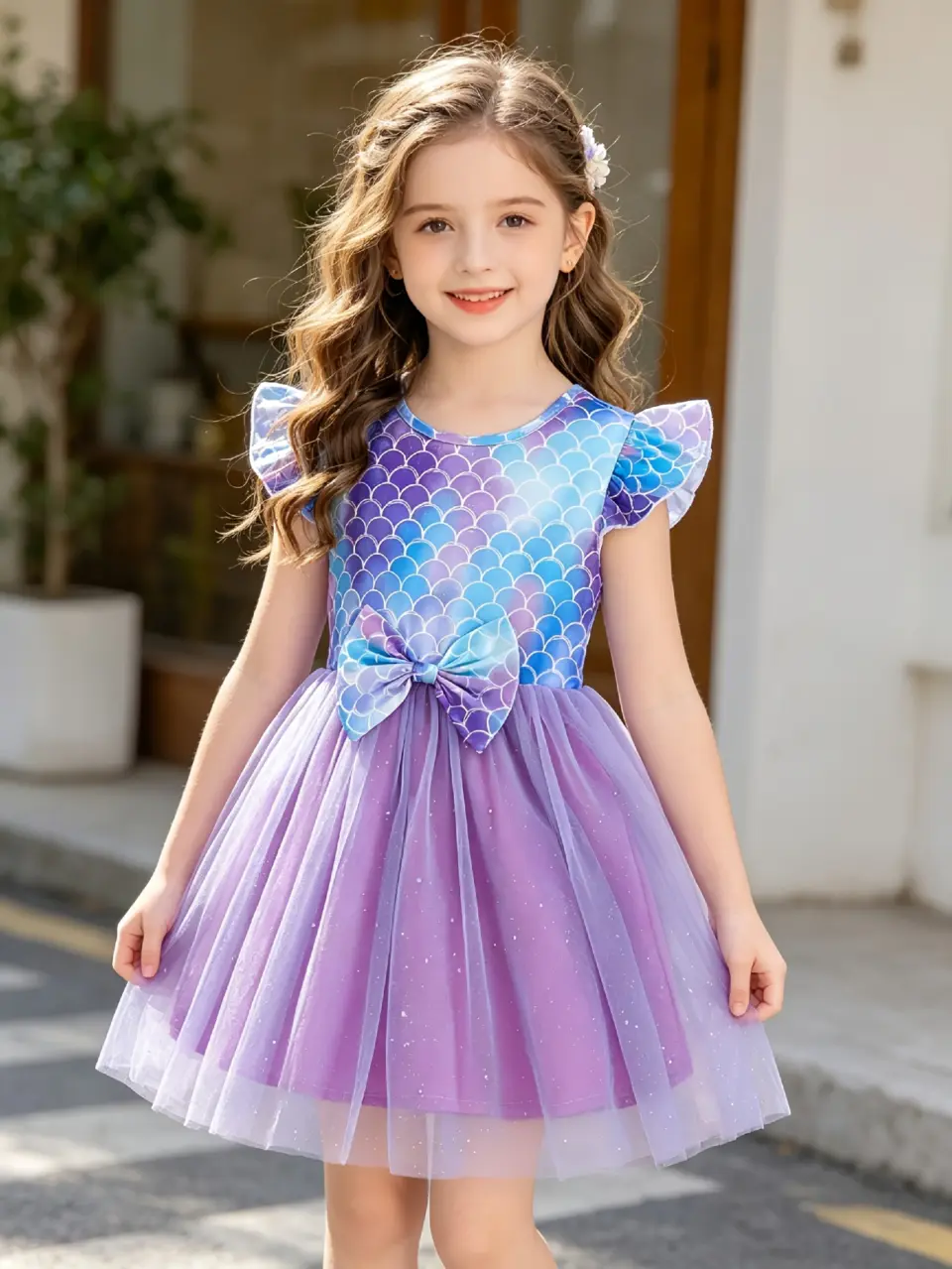 Girls Purple Mermaid Sparkle Flutter Sleeve Dress by LUNORIANA