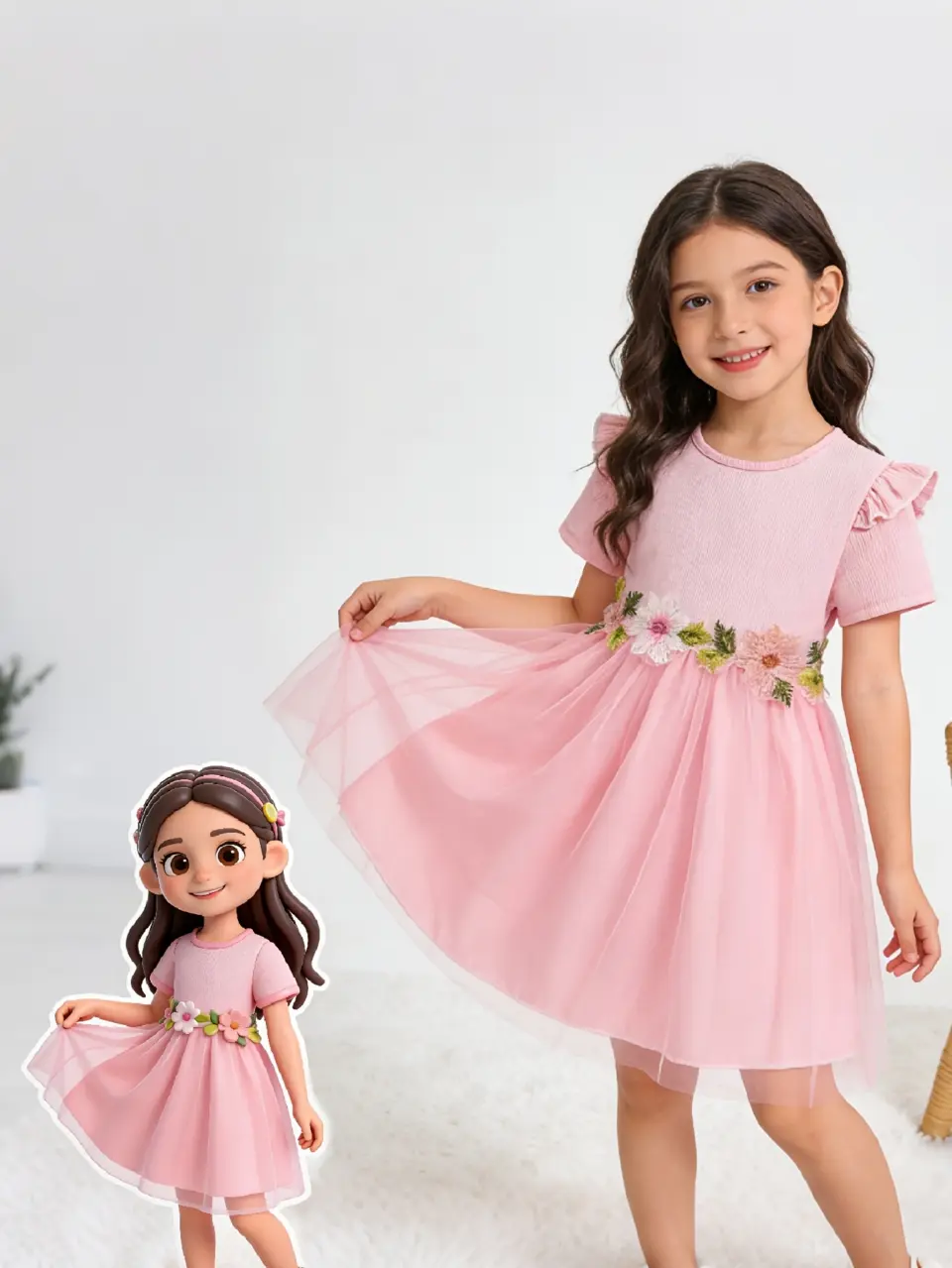 Girls Pink Floral Mesh Overlay Ribbed Dress by LUNORIANA