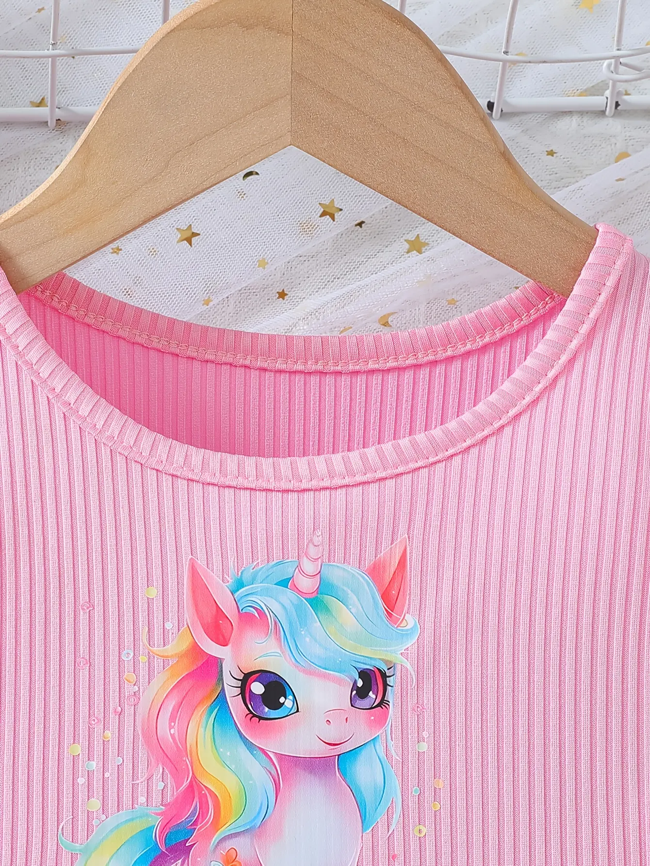 Detail 2 of Girls Pink Ribbed Unicorn Rainbow Tulle Dress by LUNORIANA