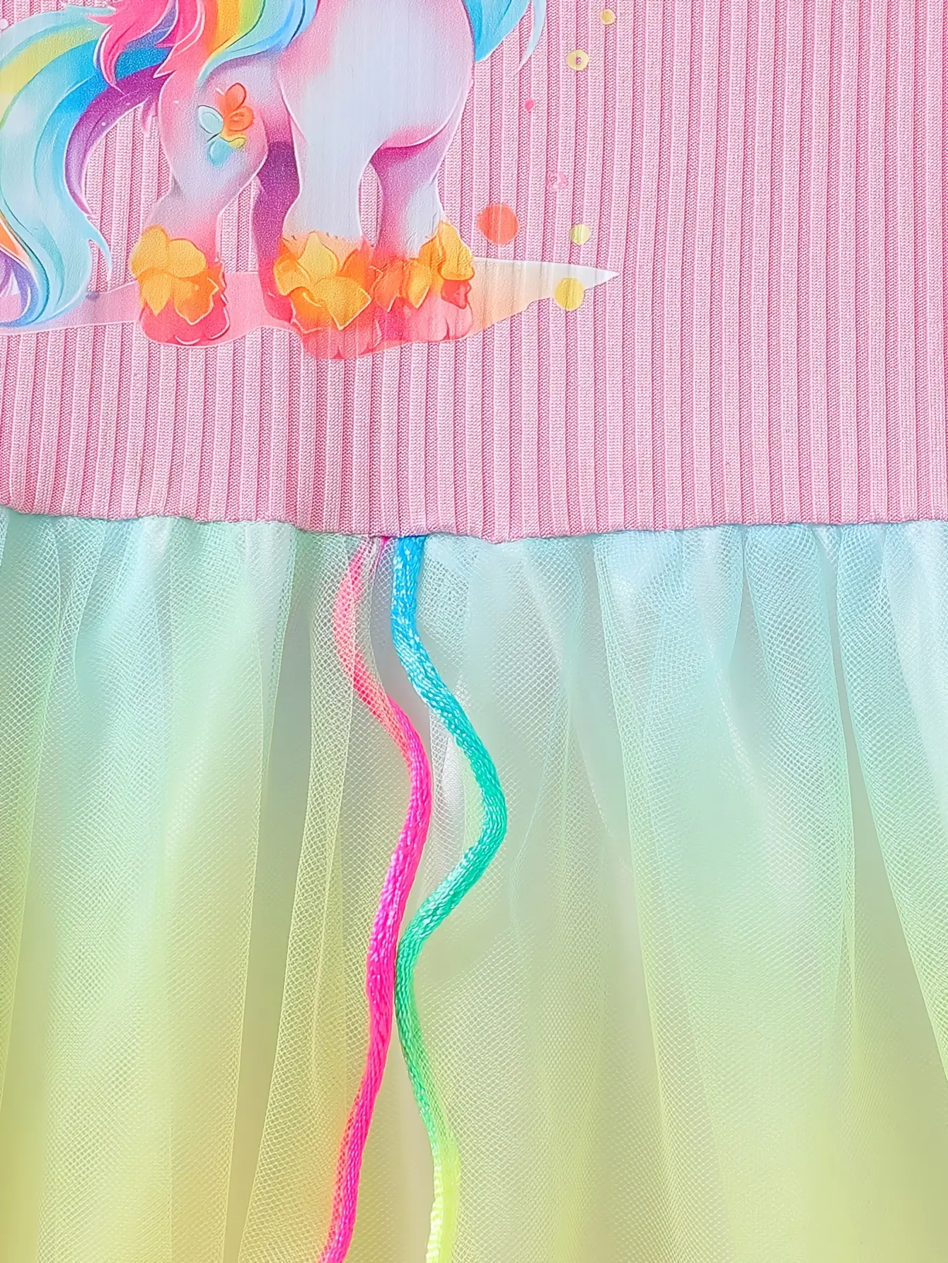 Detail 4 of Girls Pink Ribbed Unicorn Rainbow Tulle Dress by LUNORIANA