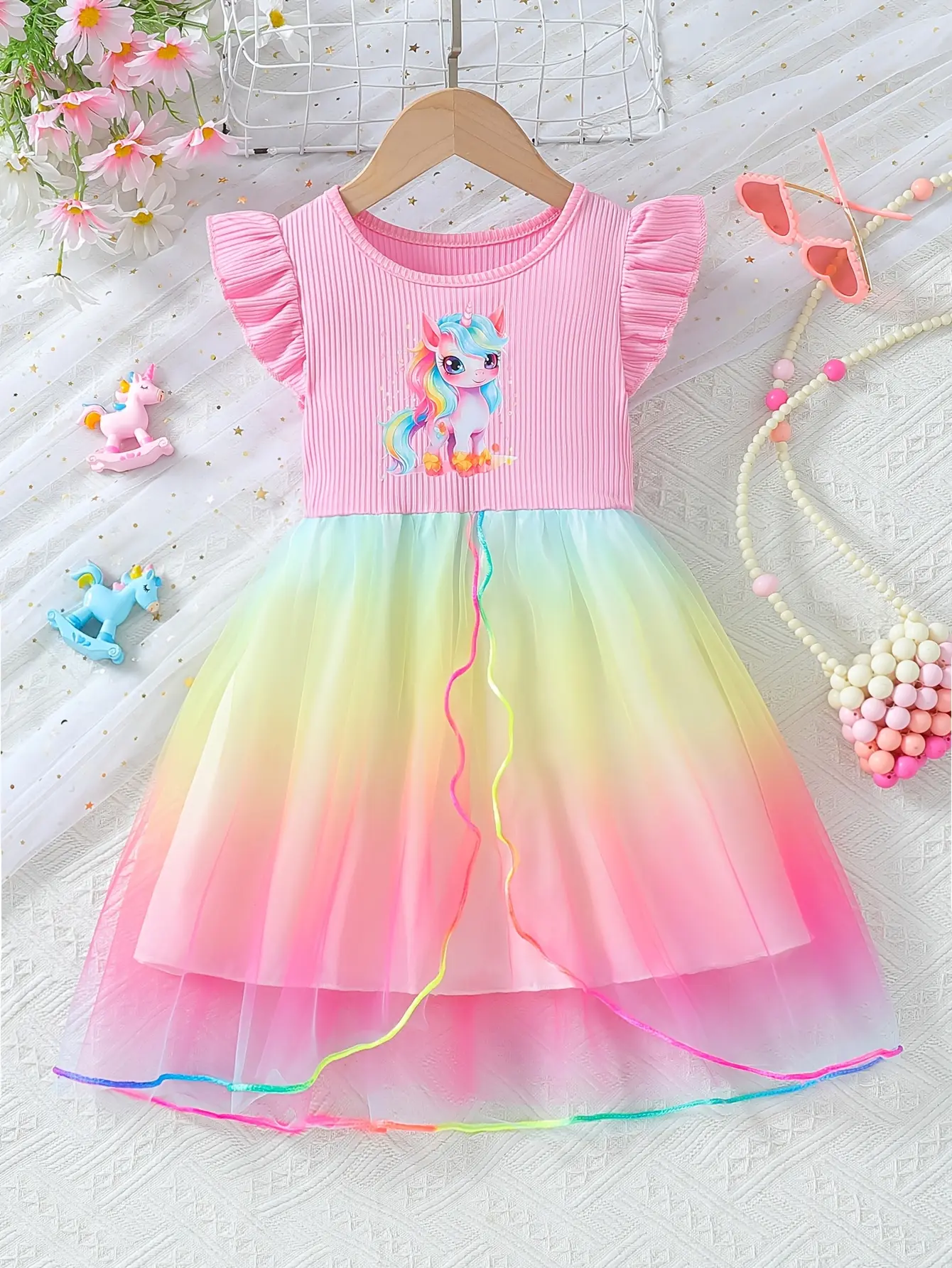 Girls Pink Ribbed Unicorn Rainbow Tulle Dress by LUNORIANA