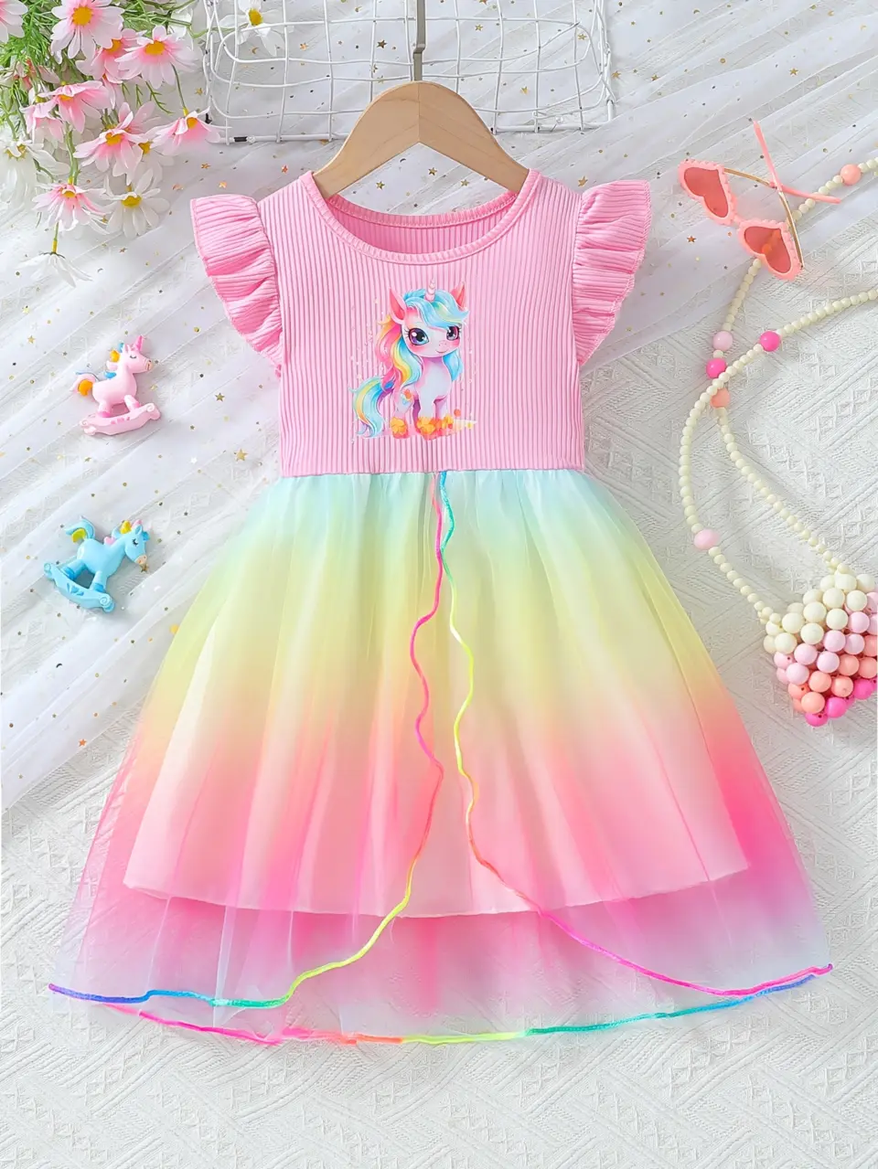 Girls Pink Ribbed Unicorn Rainbow Tulle Dress by LUNORIANA