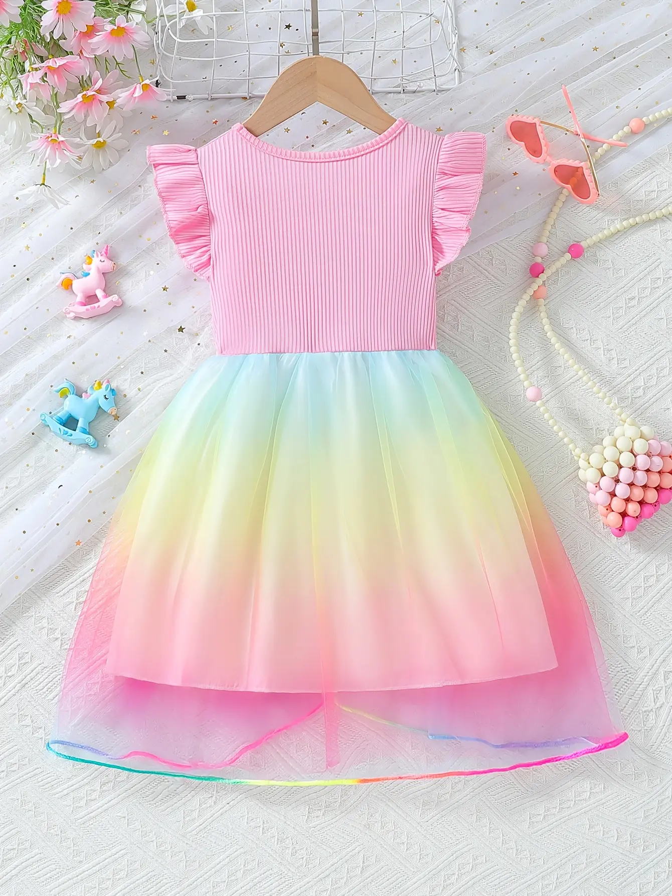 Detail 1 of Girls Pink Ribbed Unicorn Rainbow Tulle Dress by LUNORIANA