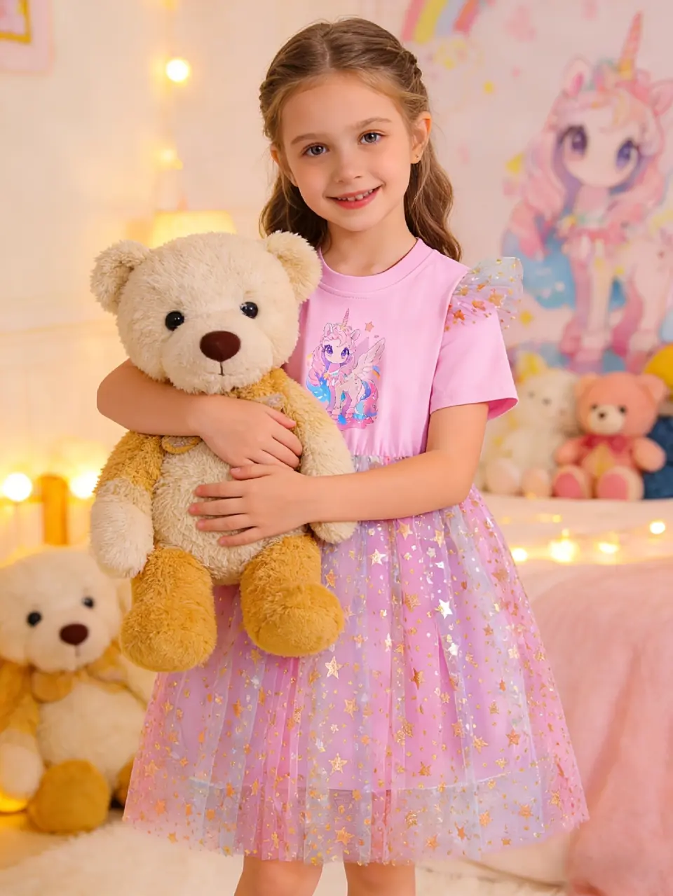 Girls Unicorn Star Print Tulle Dress by LUNORIANA