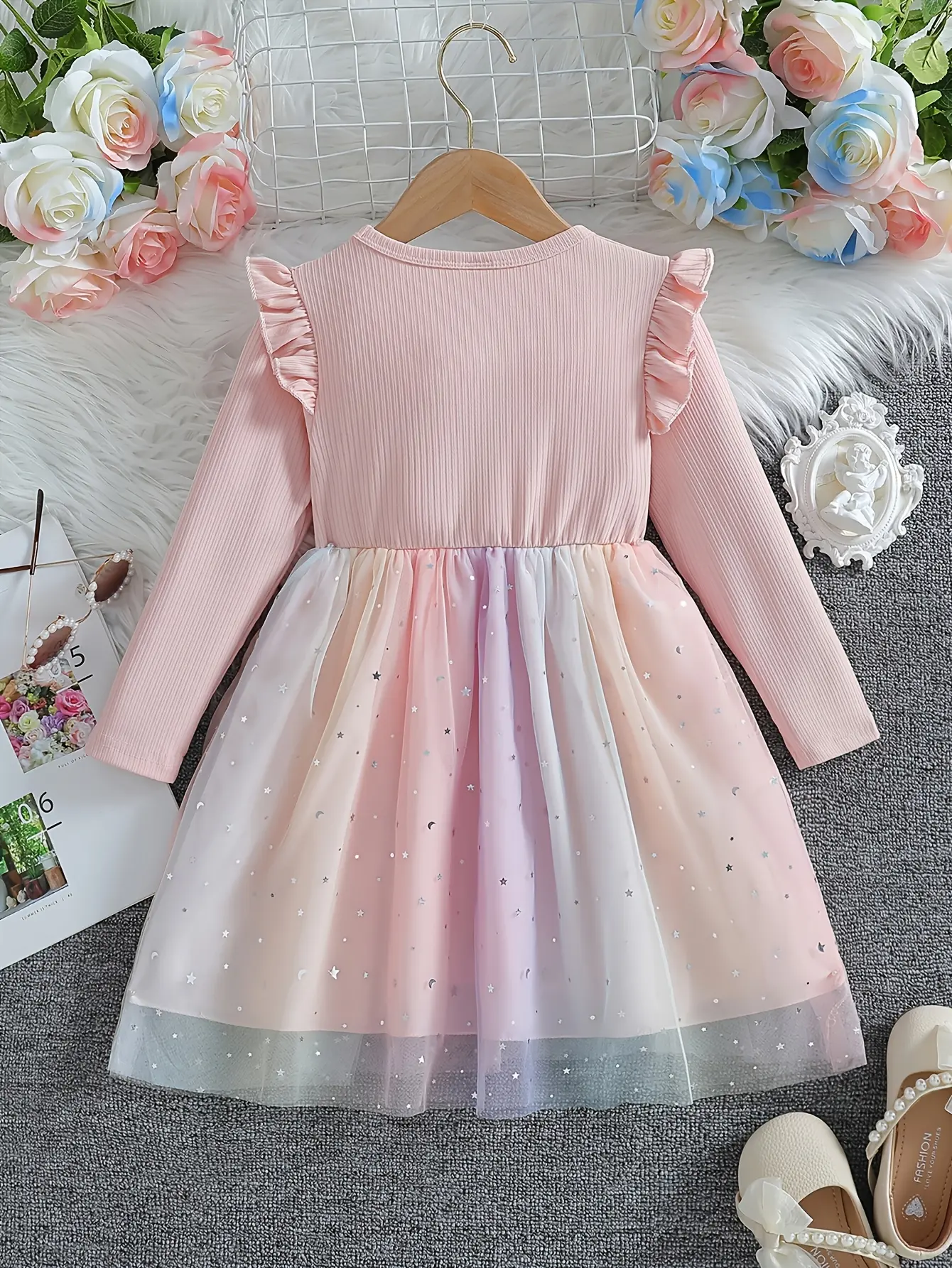 Girls Long Sleeve Star Sequin Tulle Dress gallery view