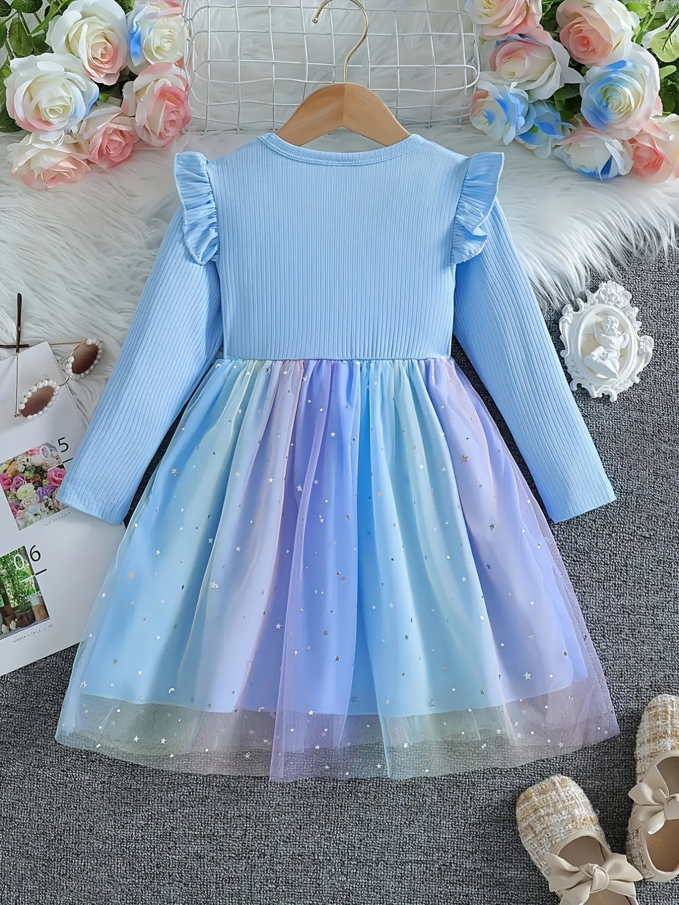 Girls Long Sleeve Star Sequin Tulle Dress gallery view