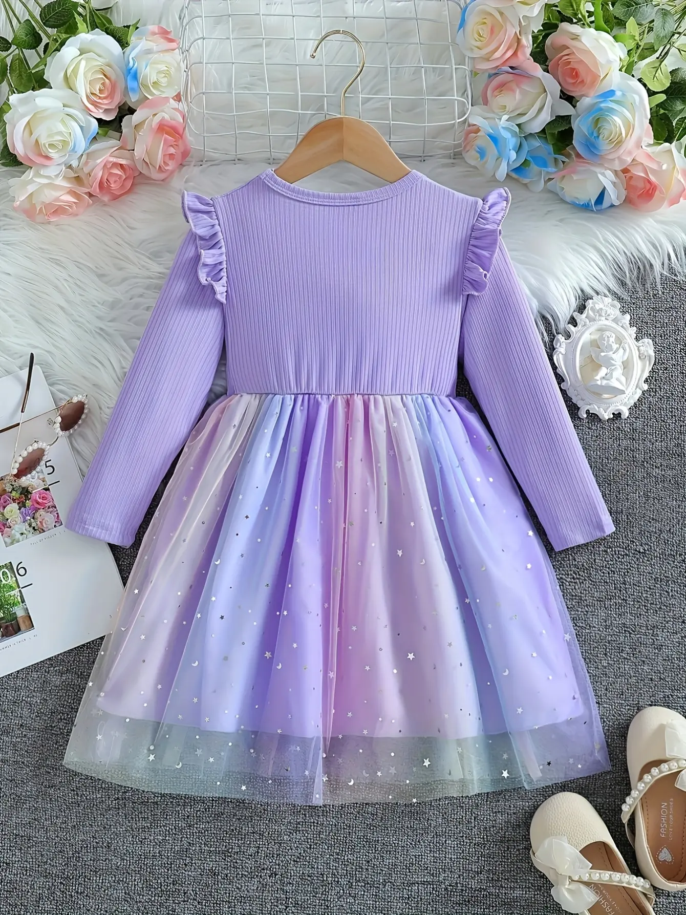 Girls Long Sleeve Star Sequin Tulle Dress gallery view