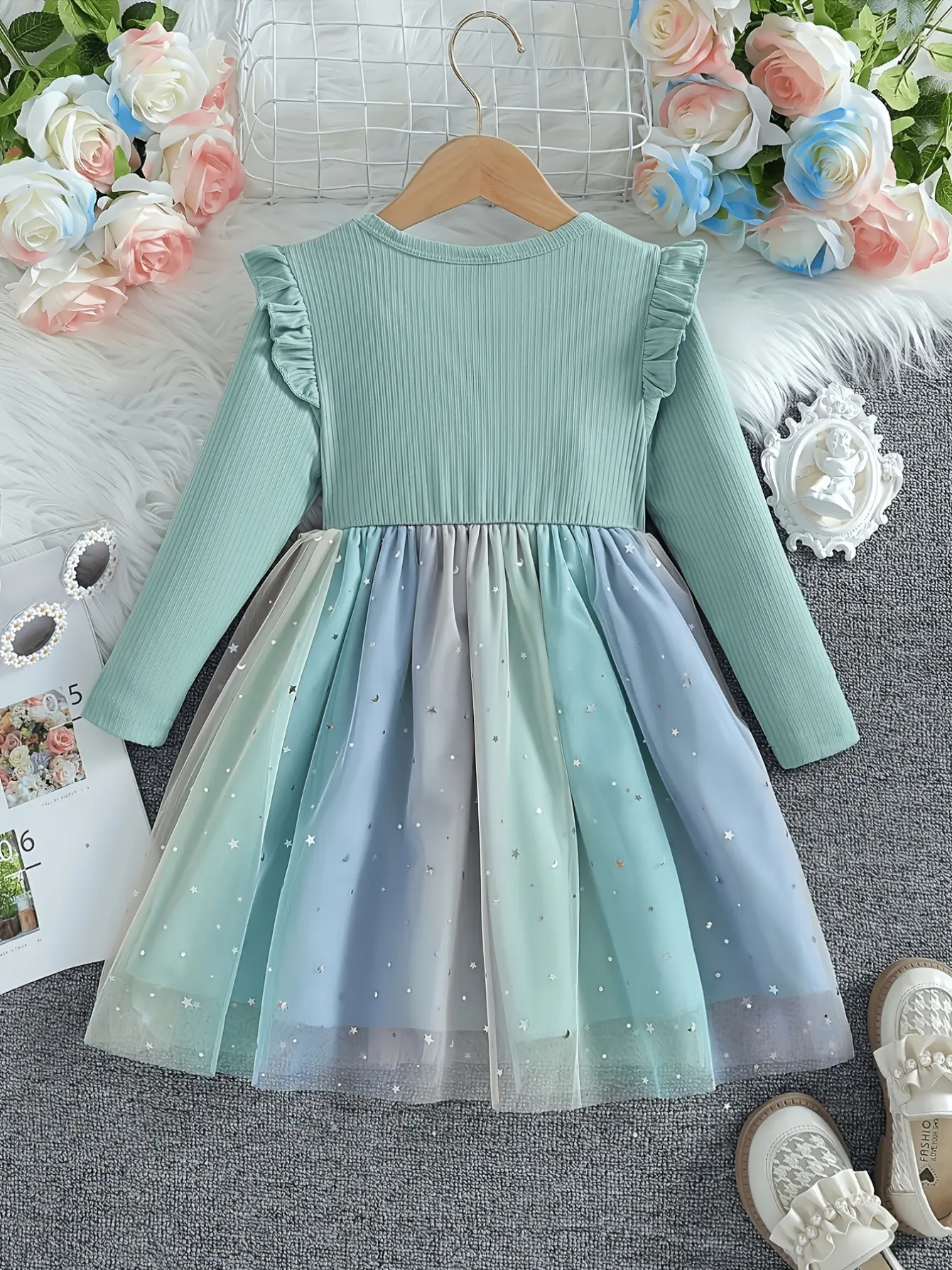 Girls Long Sleeve Star Sequin Tulle Dress gallery view