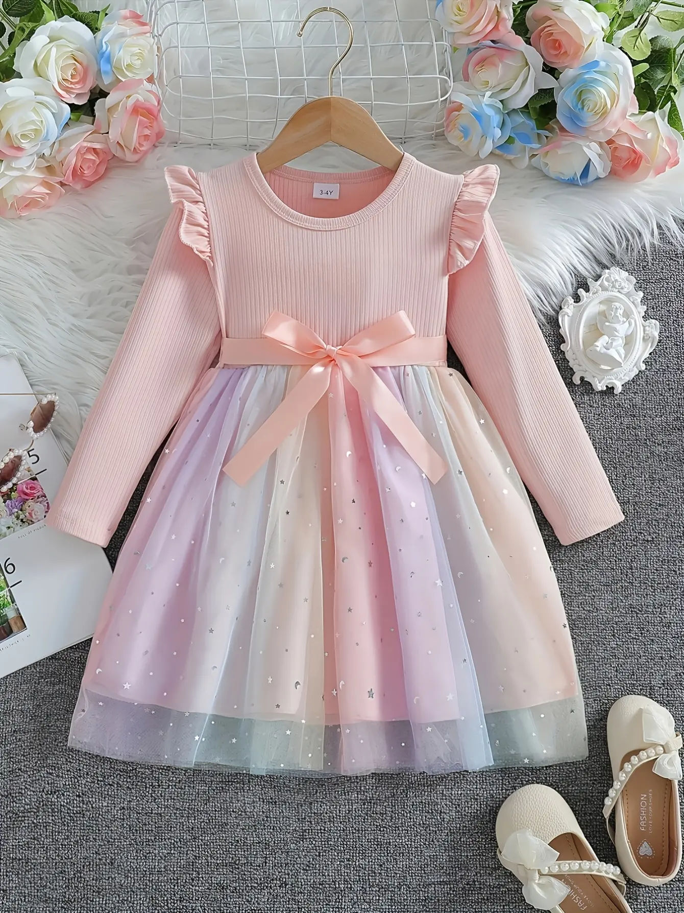 Girls Long Sleeve Star Sequin Tulle Dress in pink by LUNORIANA