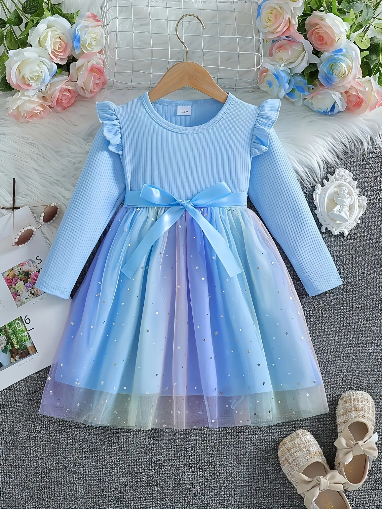 Girls Long Sleeve Star Sequin Tulle Dress in light blue by LUNORIANA
