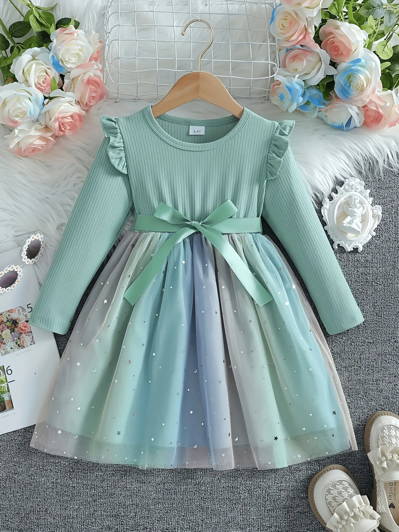 Girls Long Sleeve Star Sequin Tulle Dress by LUNORIANA