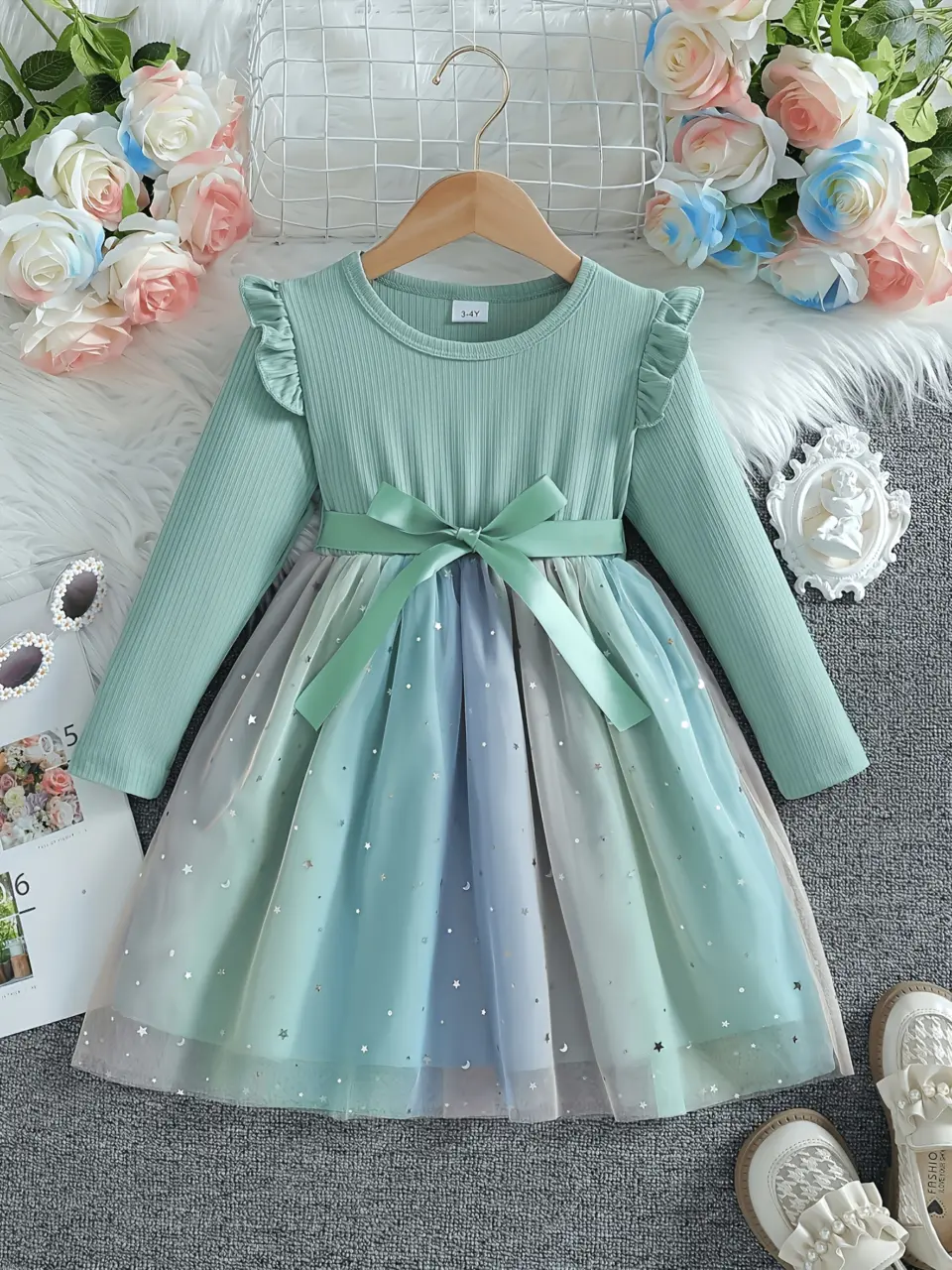 Girls Long Sleeve Star Sequin Tulle Dress by LUNORIANA