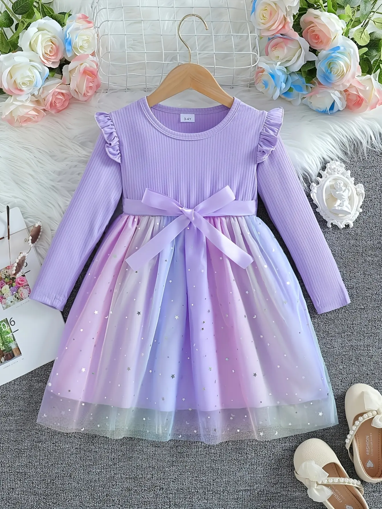 Girls Long Sleeve Star Sequin Tulle Dress in purple by LUNORIANA