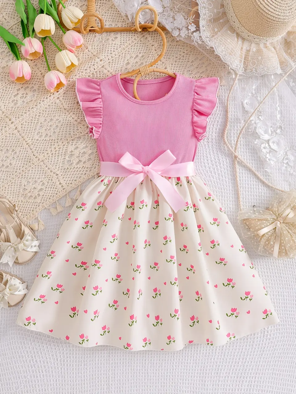 Girls Pink Sleeveless Floral Print Dress by LUNORIANA