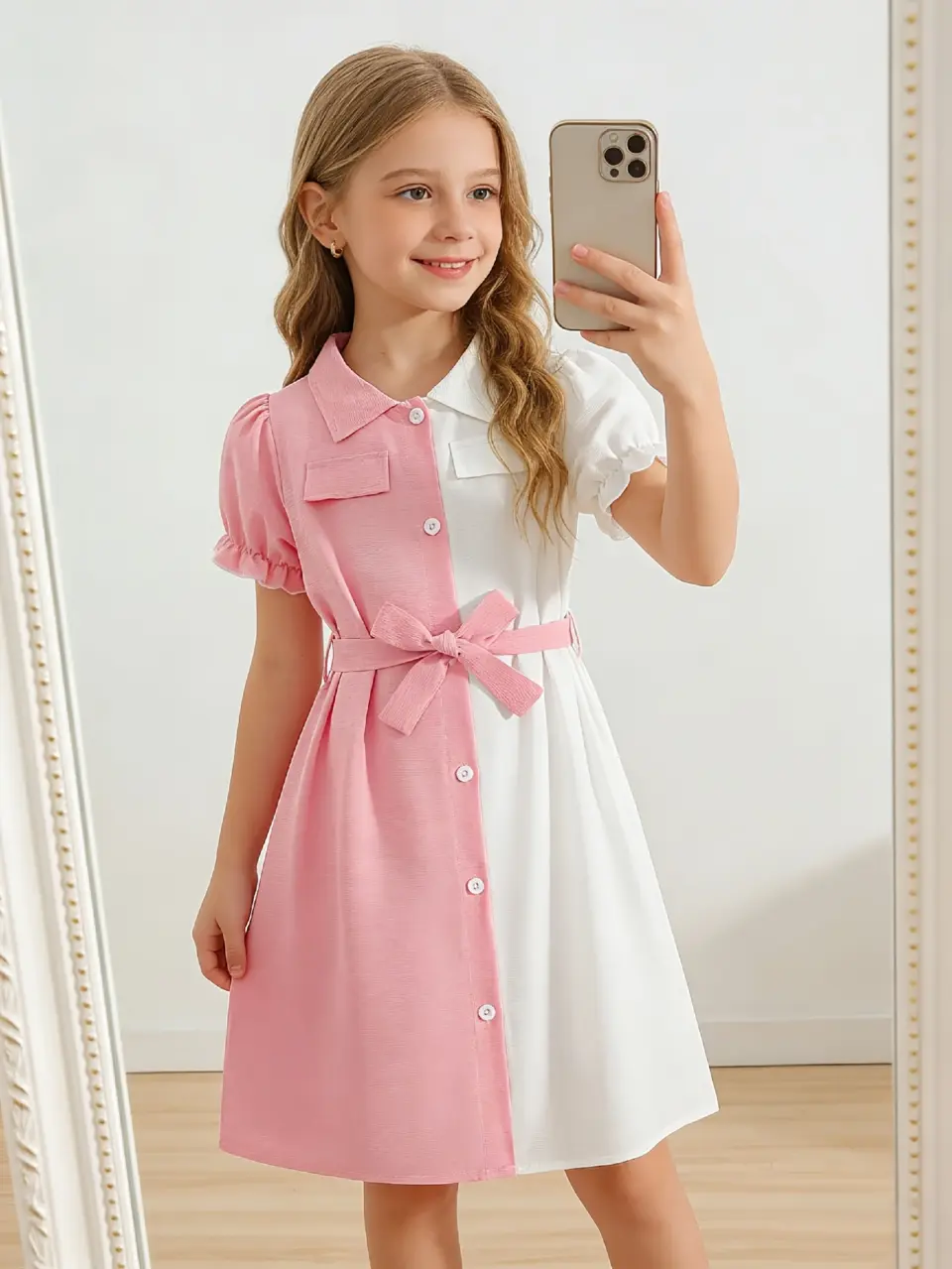 Girls Colorblock Shirt Dress with Belt by LUNORIANA