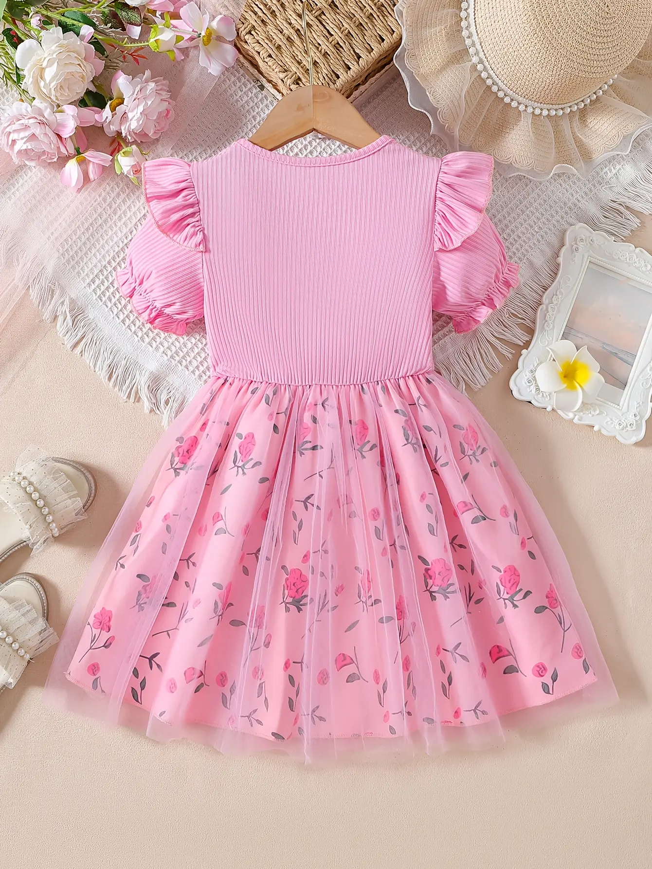 Detail 1 of Girls Pink Floral Ribbed Tulle Dress - SPUID 1614074440 by LUNORIANA