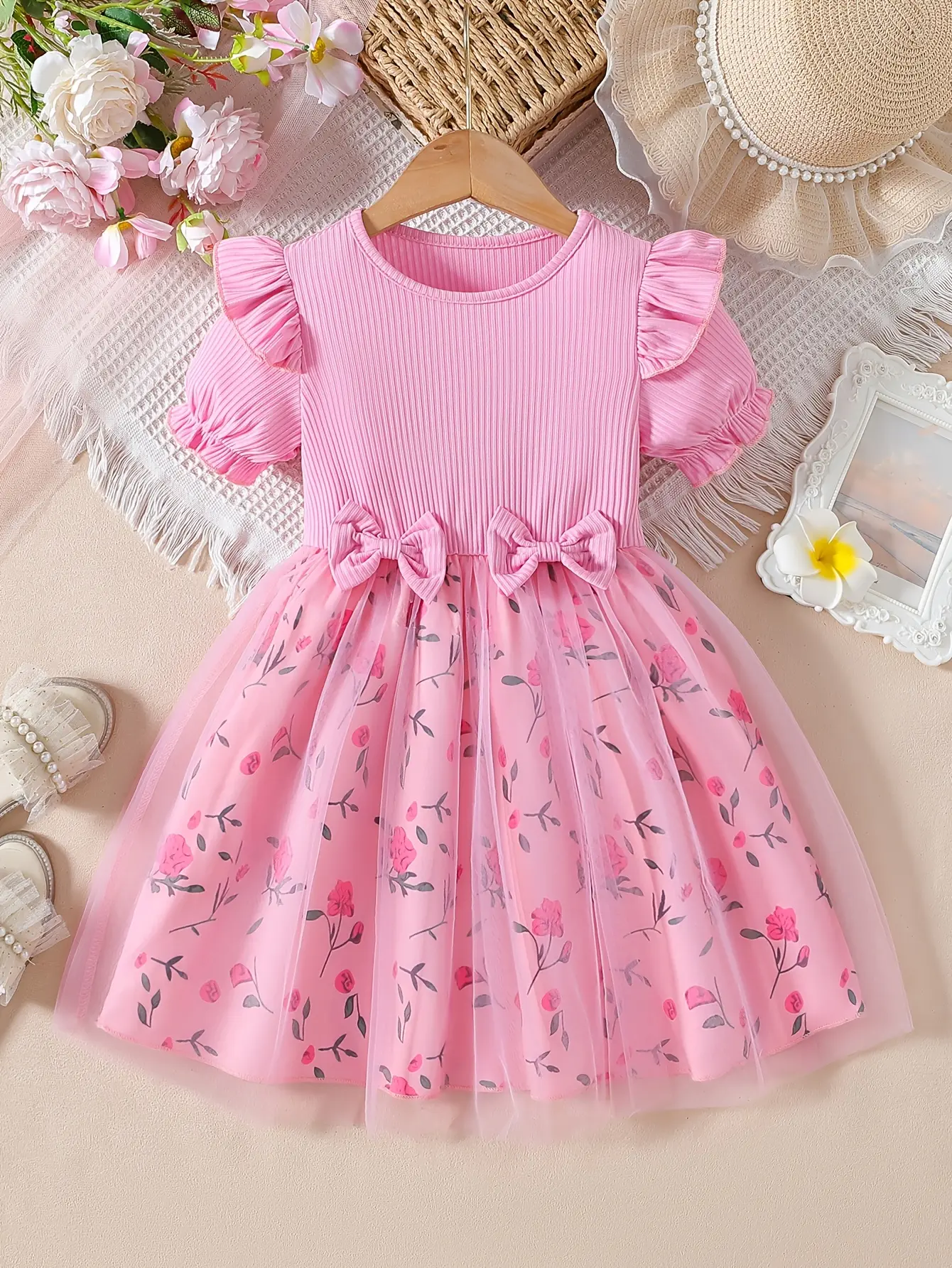 Girls Pink Floral Ribbed Tulle Dress by LUNORIANA