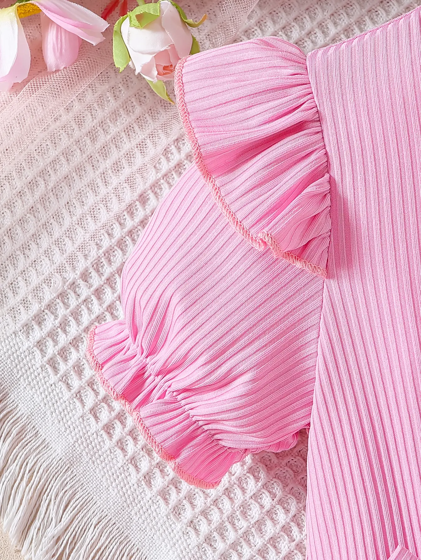 Detail 3 of Girls Pink Floral Ribbed Tulle Dress - SPUID 1614074440 by LUNORIANA