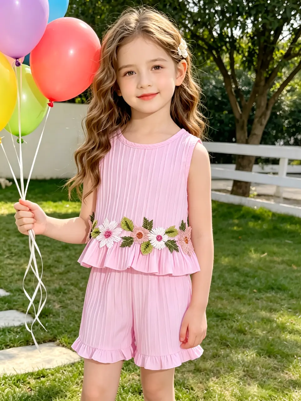 Girls Sleeveless Ruffle Top and Shorts Set by LUNORIANA