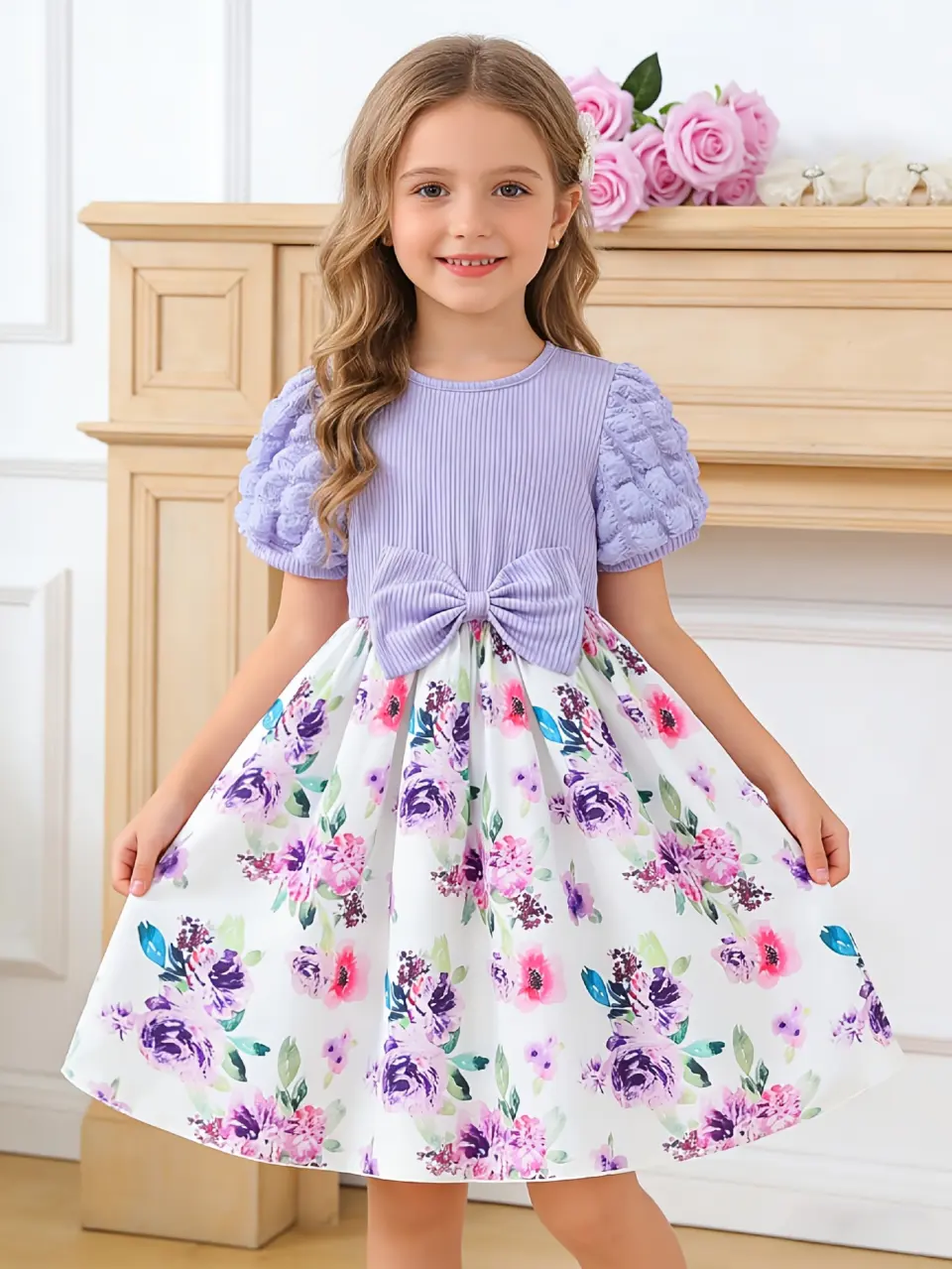 Girls Floral Puff Sleeve Tulle Dress by LUNORIANA