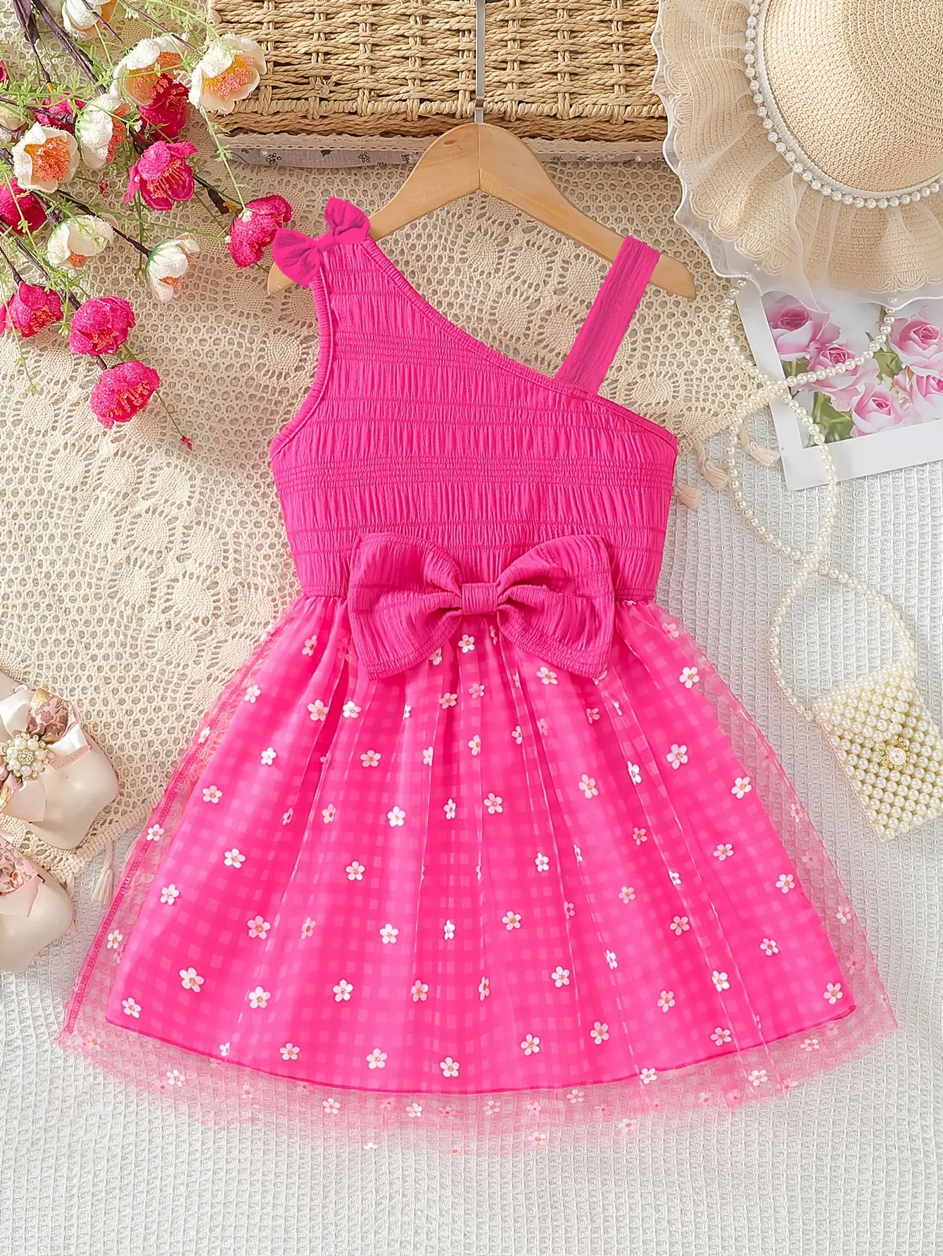Girls One-Shoulder Plaid Floral Dress by LUNORIANA