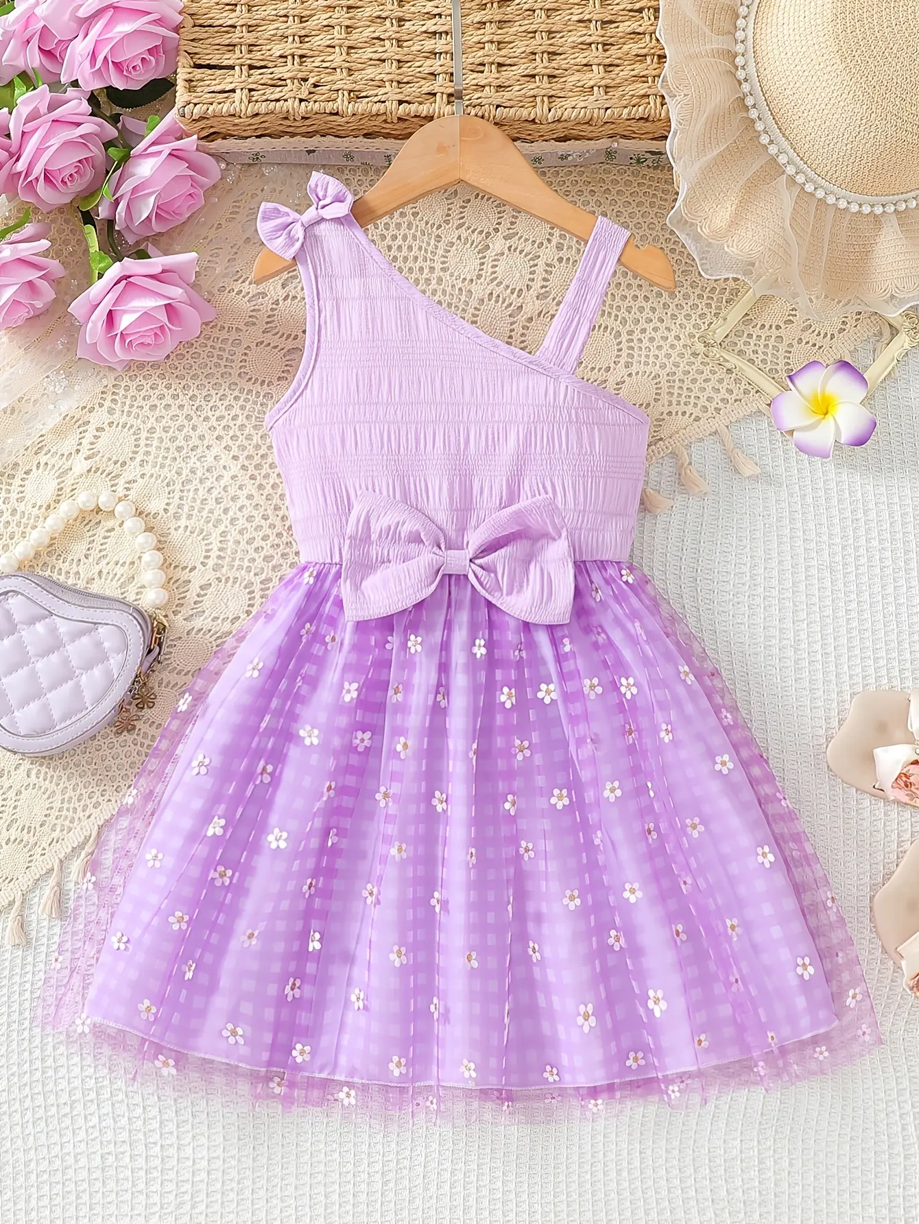Girls One-Shoulder Plaid Floral Dress in purple by LUNORIANA