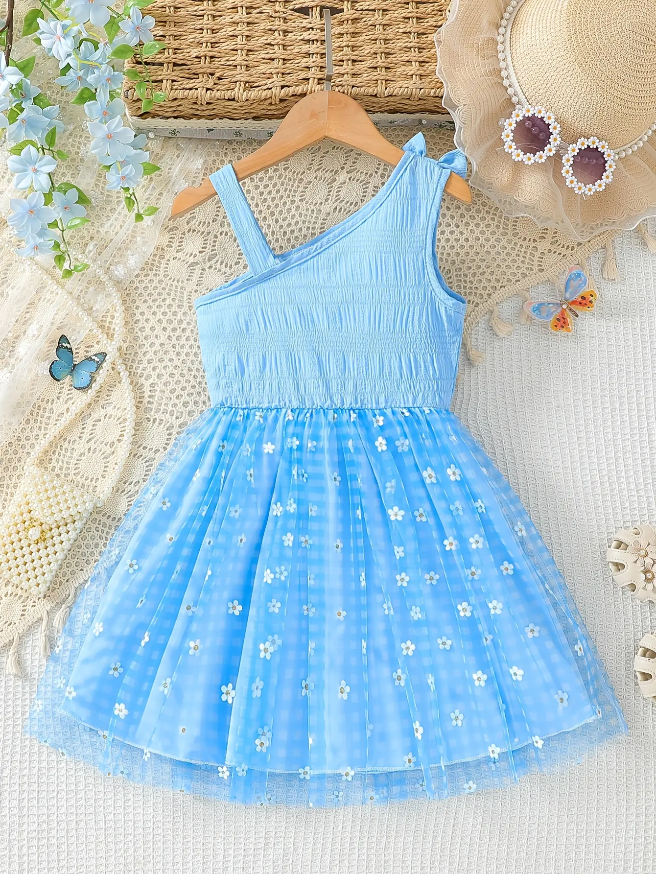 Detail 3 of Girls One-Shoulder Plaid Floral Dress by LUNORIANA